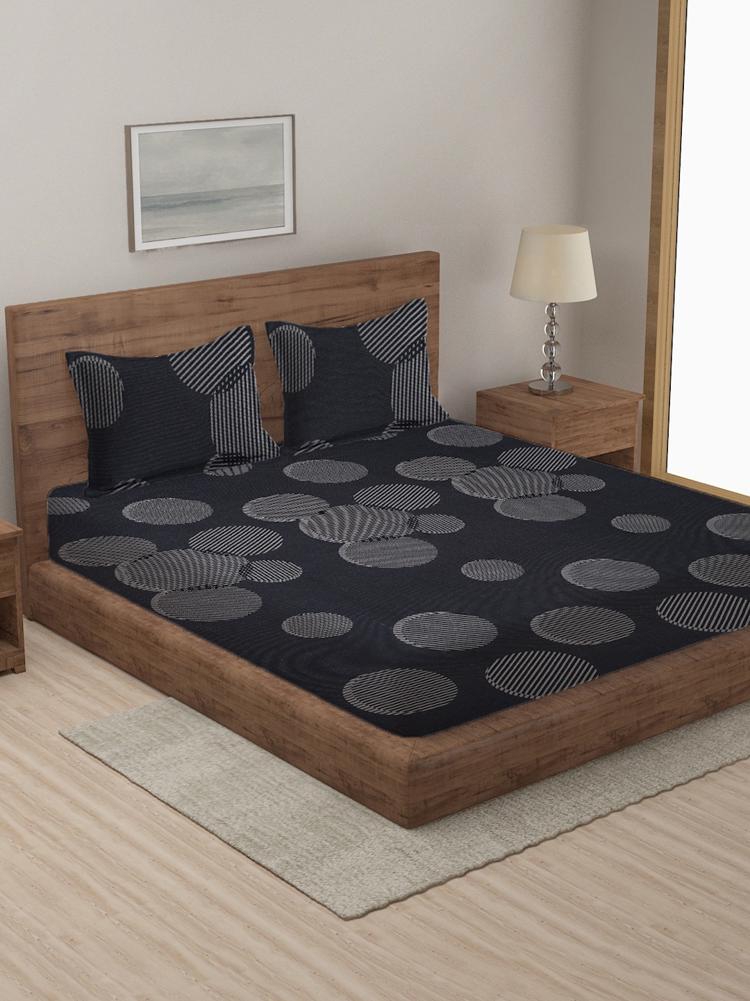 

MULTITEX Black & White Cotton Printed Double Bed Cover With 2 Pillow Covers