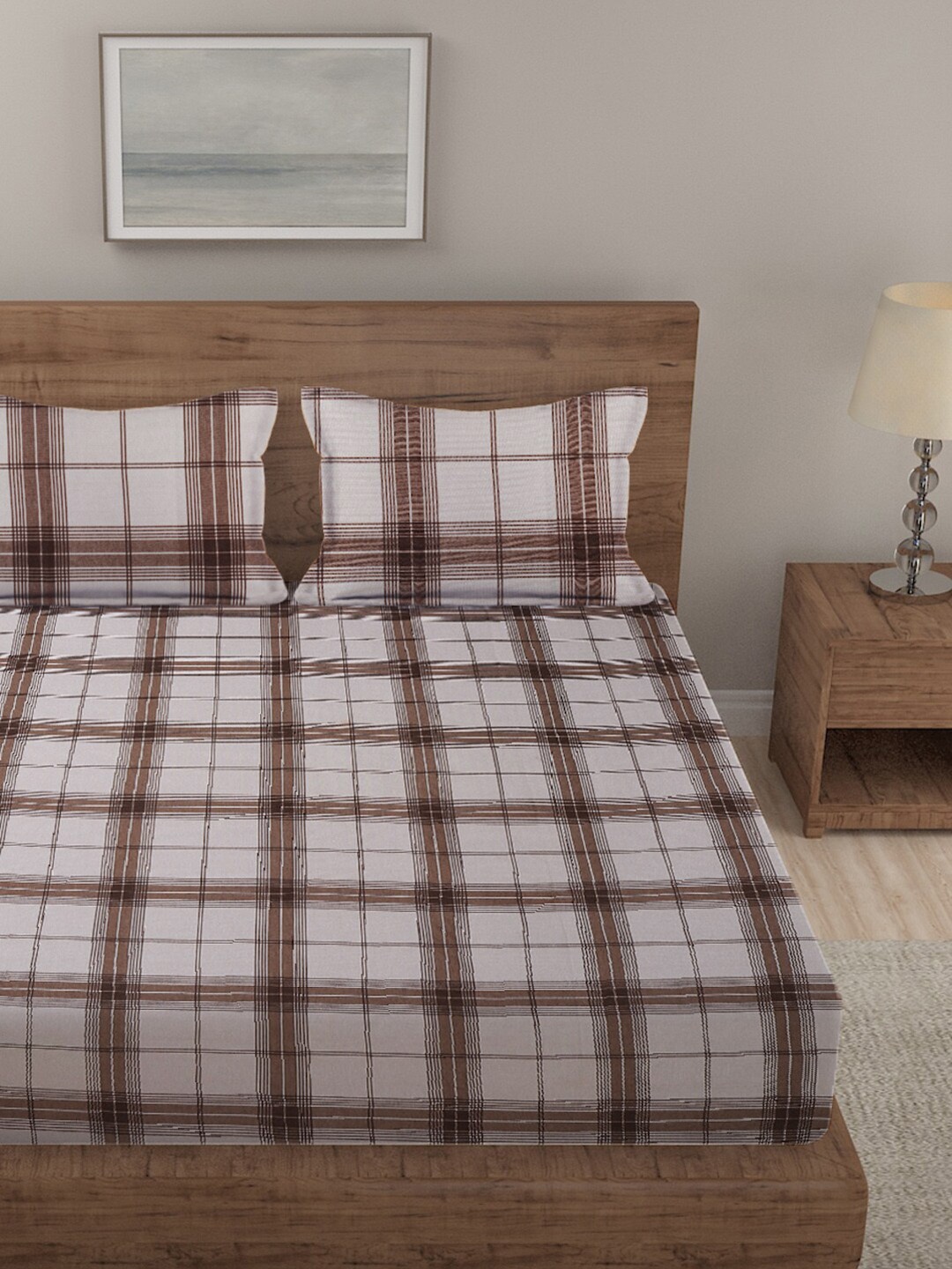 

MULTITEX Coffee-Brown & White Checked Cotton Double Queen Bed Cover With 2 Pillow Covers