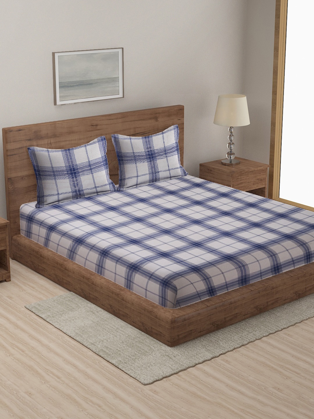 

MULTITEX Blue & White Checked 350-499 TC Cotton Double Bed Cover With 2 Pillow Covers