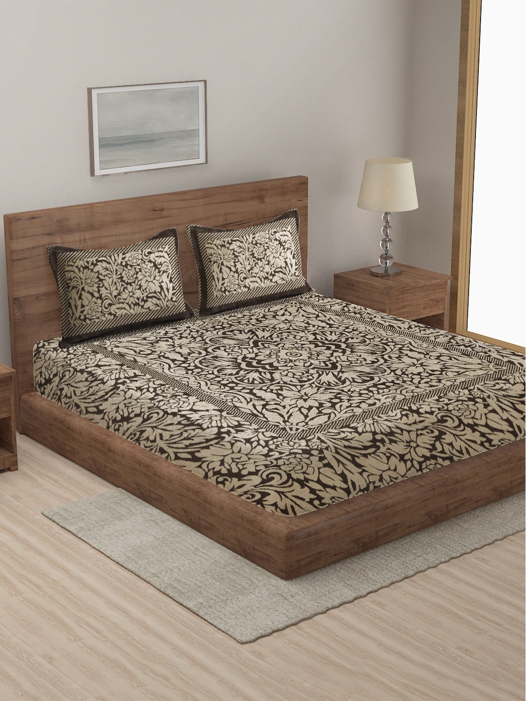 

MULTITEX Brown & Beige Printed 350-499 TC Cotton Double Bed Cover With 2 Pillow Covers