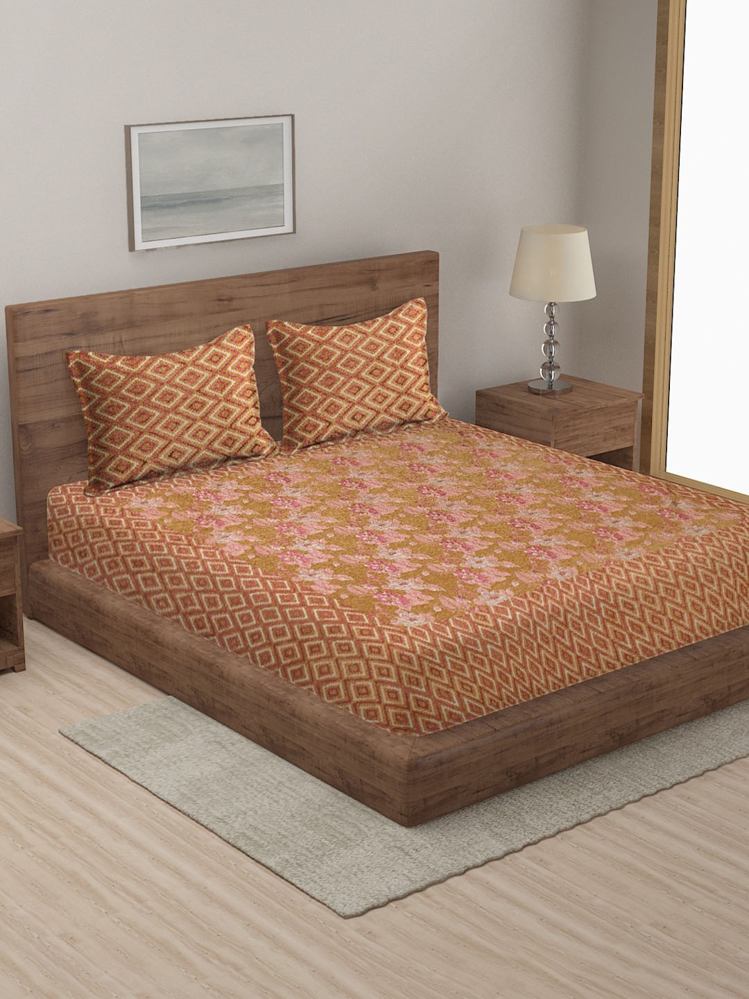 

MULTITEX Mustard & Brown 350-499TC Geometric Double Queen Bed Cover With 2Pillow Covers