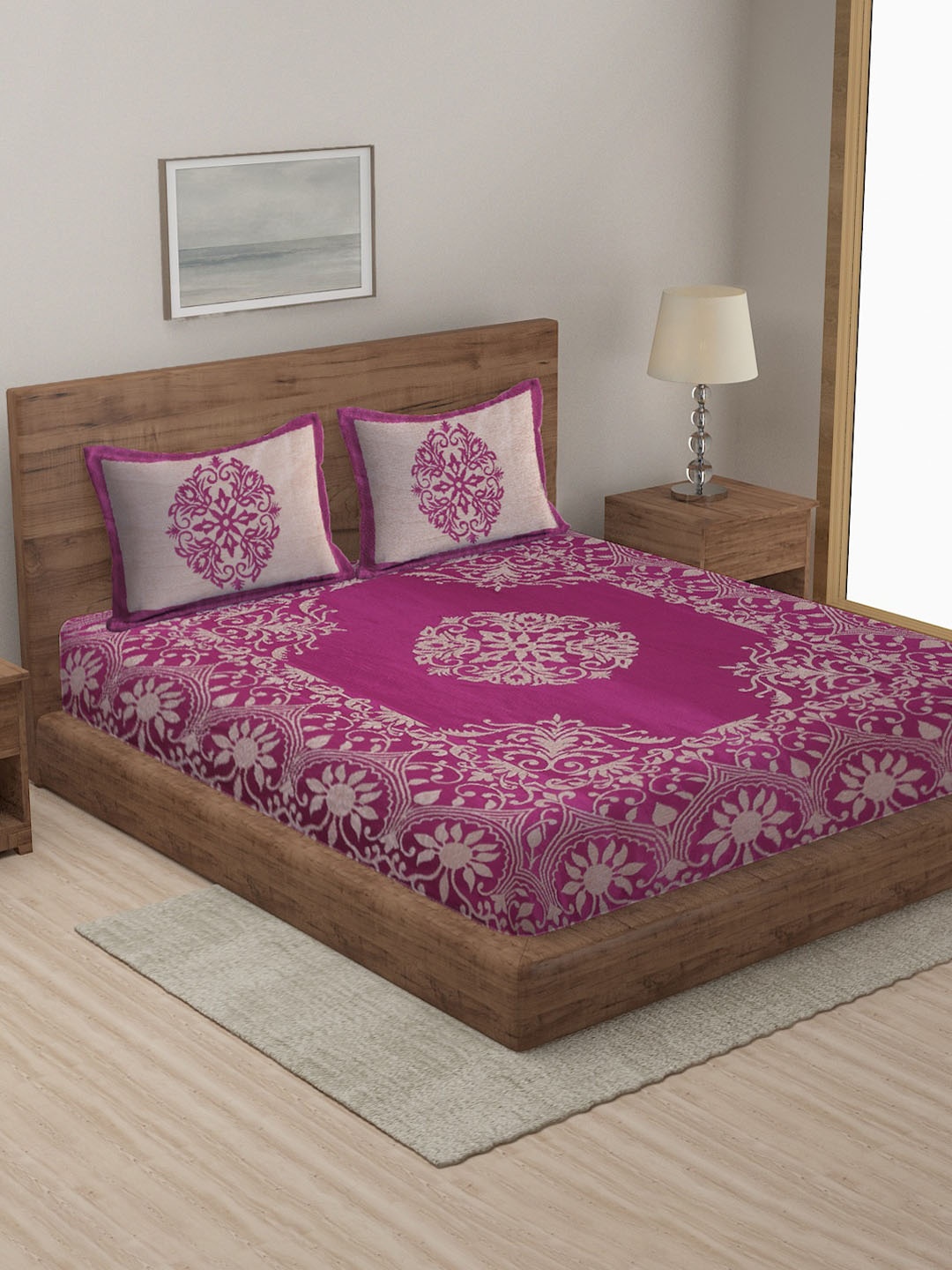 

MULTITEX Pink & Beige 350 TC Woven-Design Cotton Double Queen Bedsheet With Pillow Coverss