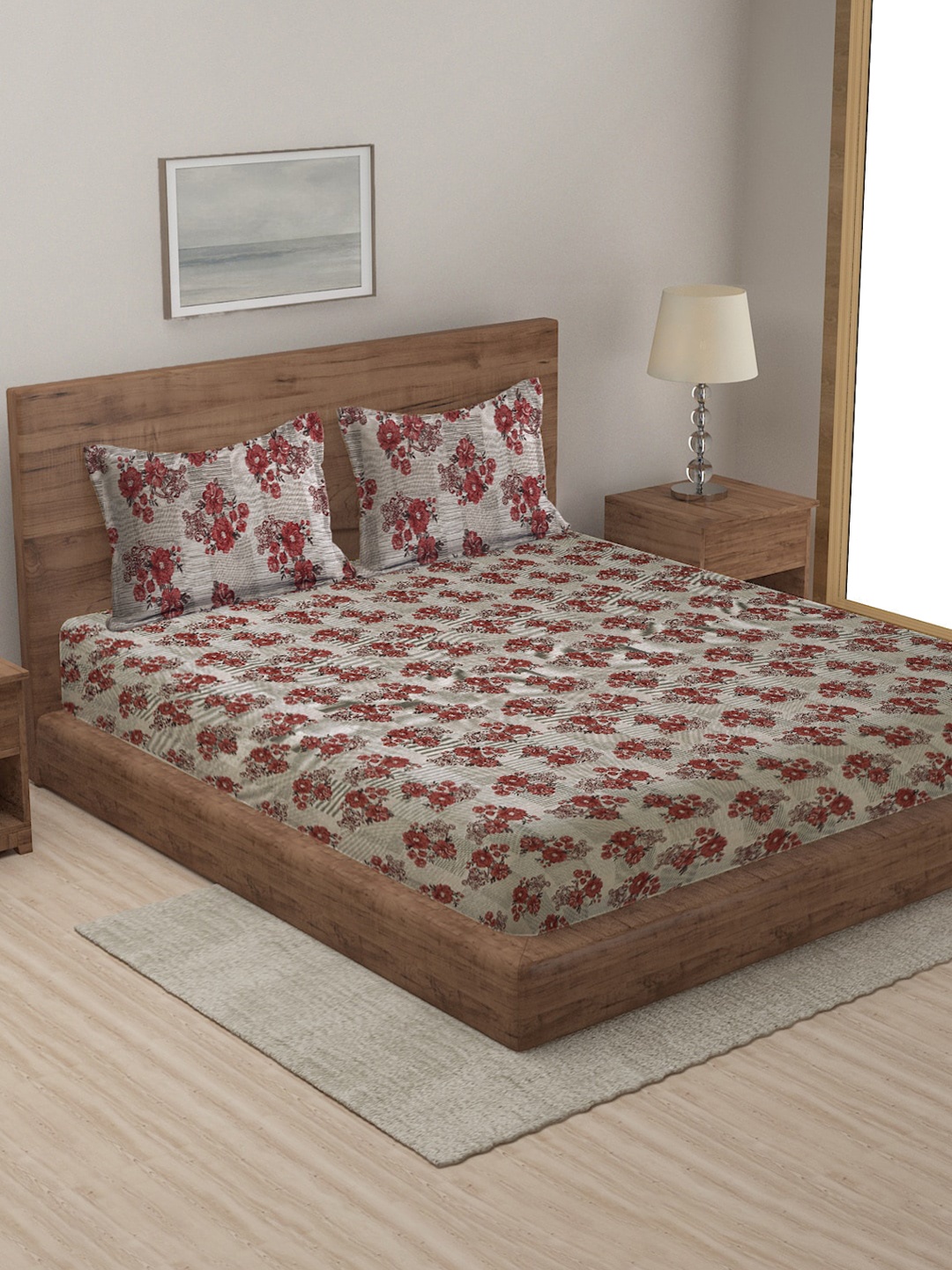 

MULTITEX Red Floral Printed Cotton Double Queen Bed Cover With 2 Pillow Covers