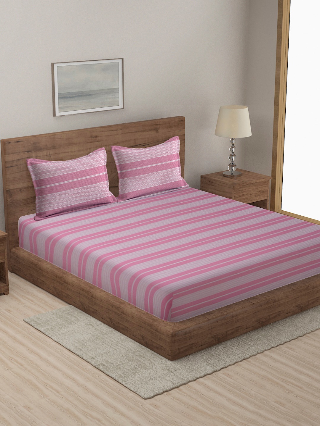 

MULTITEX Pink Above 350 TC Striped Cotton Bed Covers Set