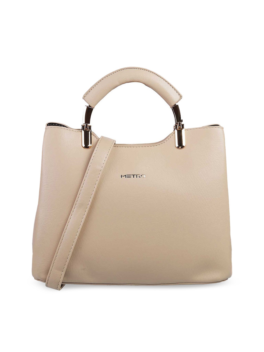 Metro Women Beige Textured PU Structured Handheld Bag
