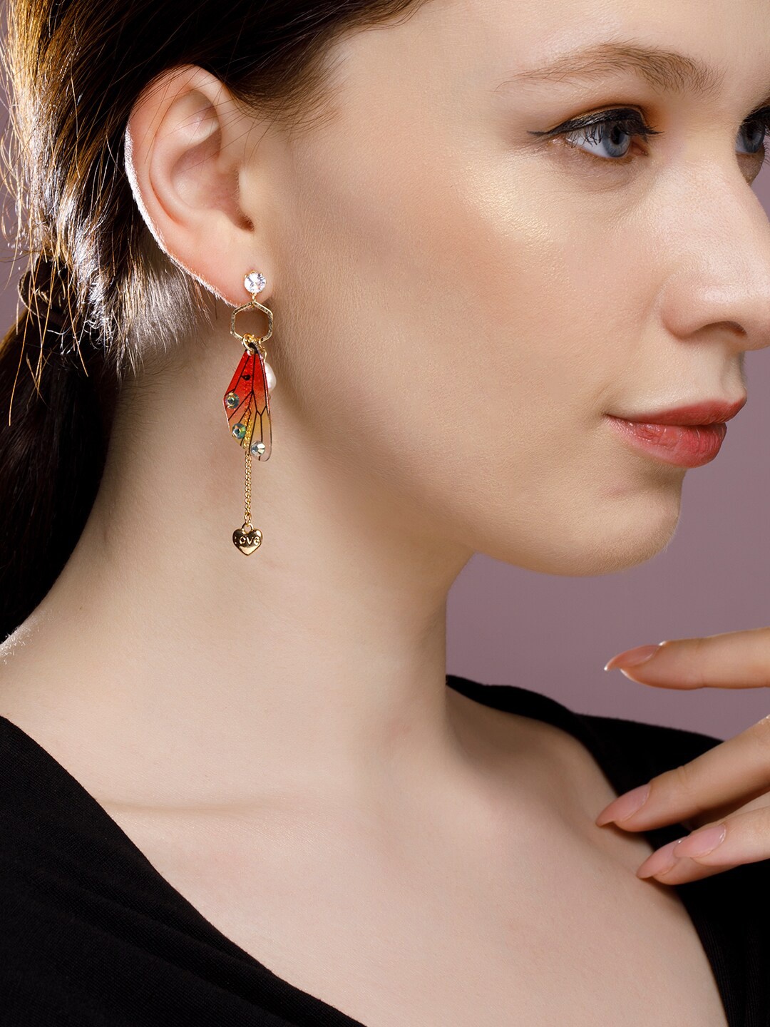 

TOKYO TALKIES X rubans FASHION ACCESSORIES Gold-Toned & Red Contemporary Drop Earrings