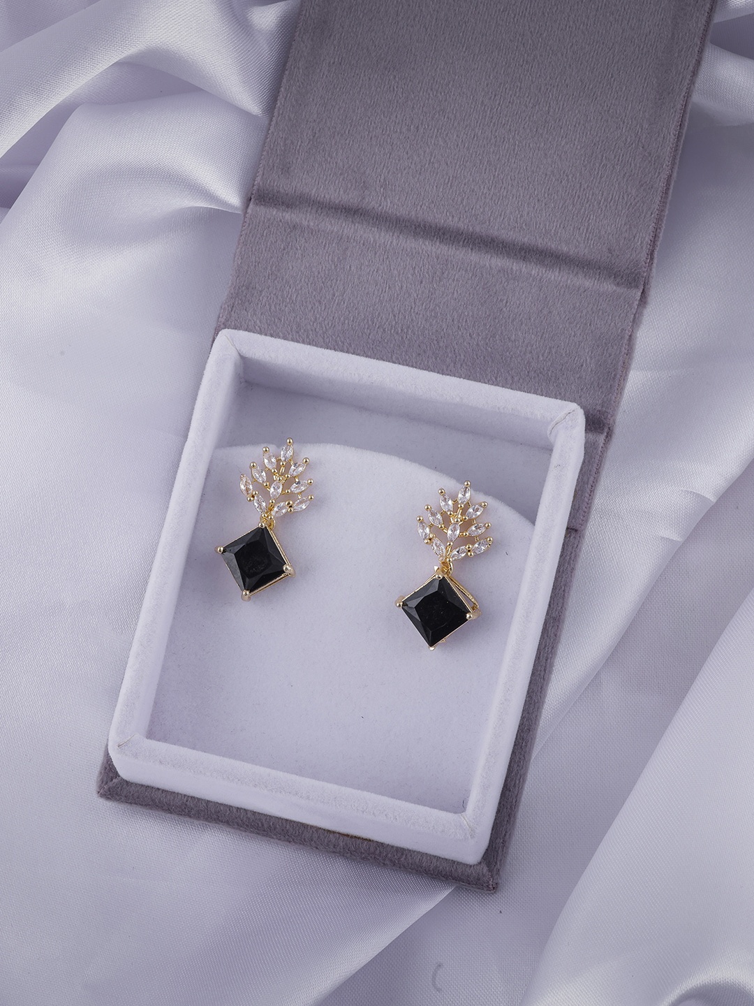 

Brandsoon 1 Gram Gold-Plated Black & White American Diamond Studded Drop Earrings