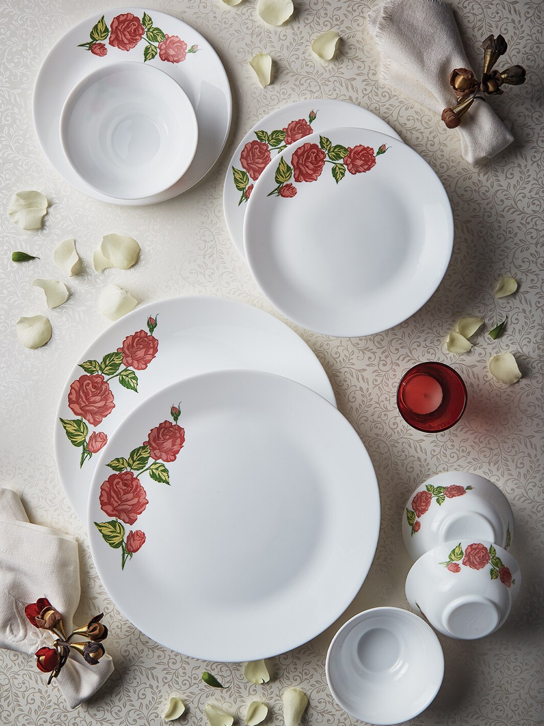

Larah by BOROSIL Tiara Rose Gold White 19 Pieces Printed Opalware Dinner Set