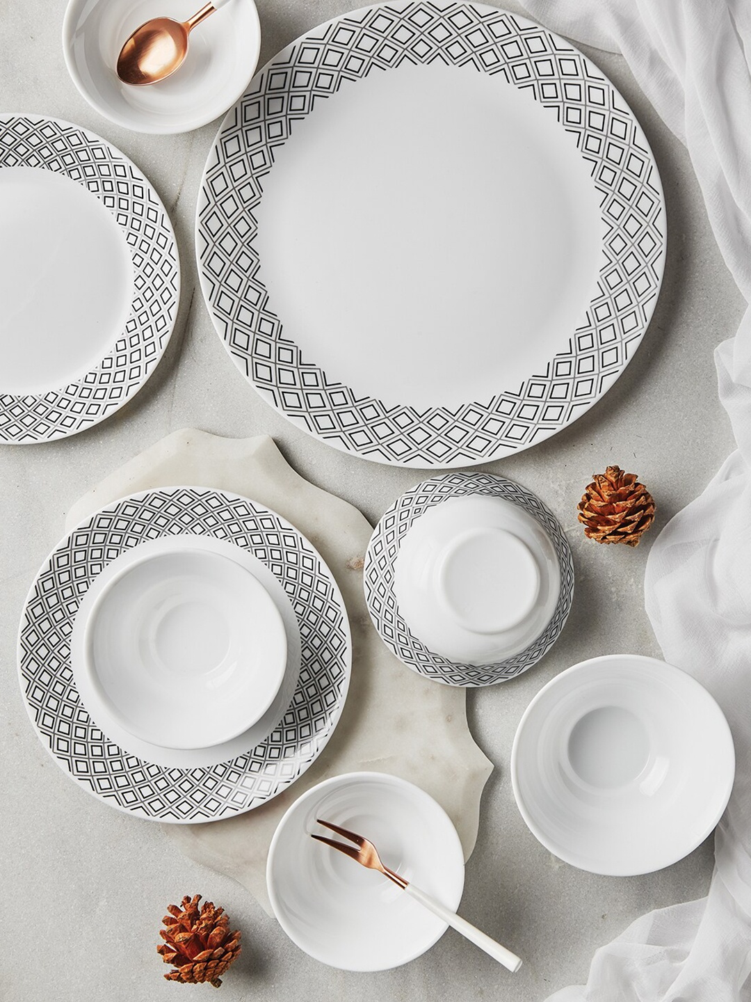 

Larah by BOROSIL White & Grey 13 Pieces Geometric Printed Opalware Glossy Dinner Set