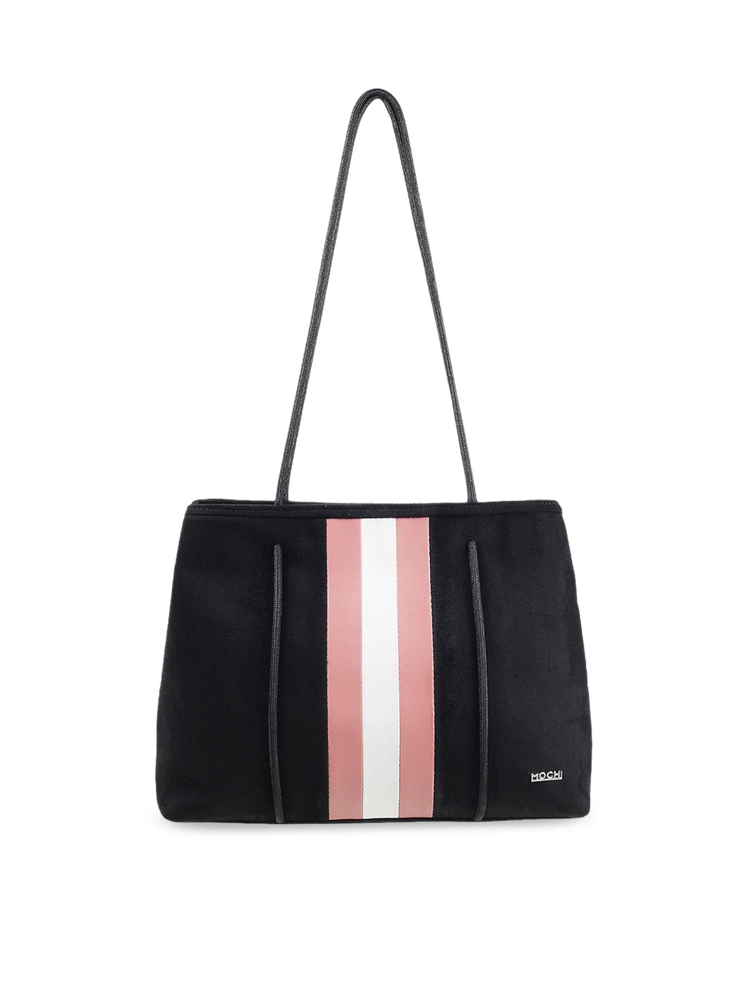 

Mochi Black Striped Suede Structured Shoulder Bag