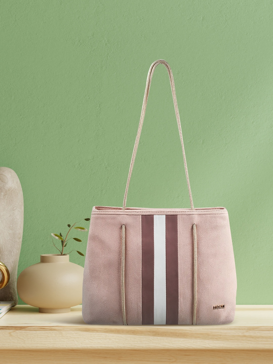 

Mochi Peach-Coloured Striped Suede Structured Tote Bag