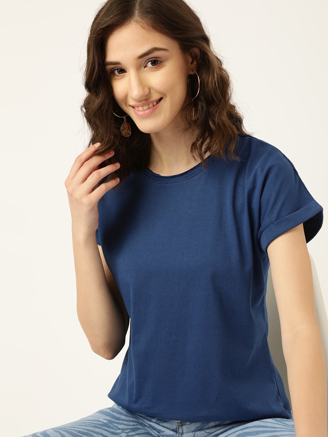 

DressBerry Navy Blue Solid Pure Cotton Top