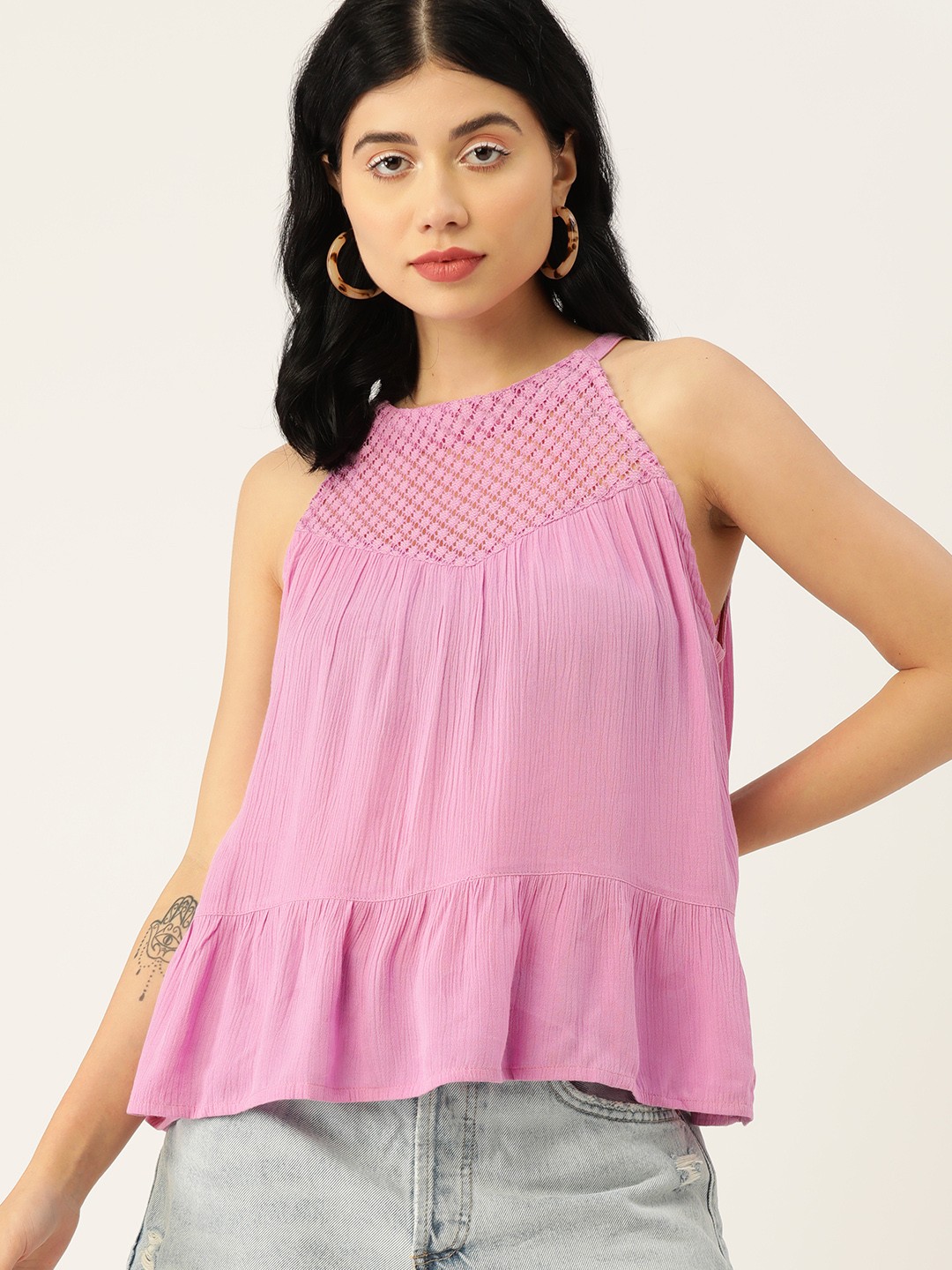 

DressBerry Lavender Solid Lace Inserts A-Line Top