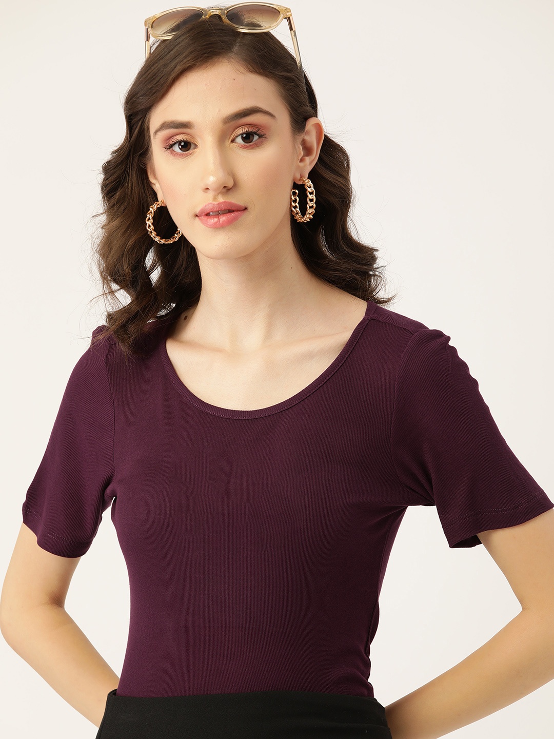 

DressBerry Women Aubergine Solid Round Neck T-shirt, Purple