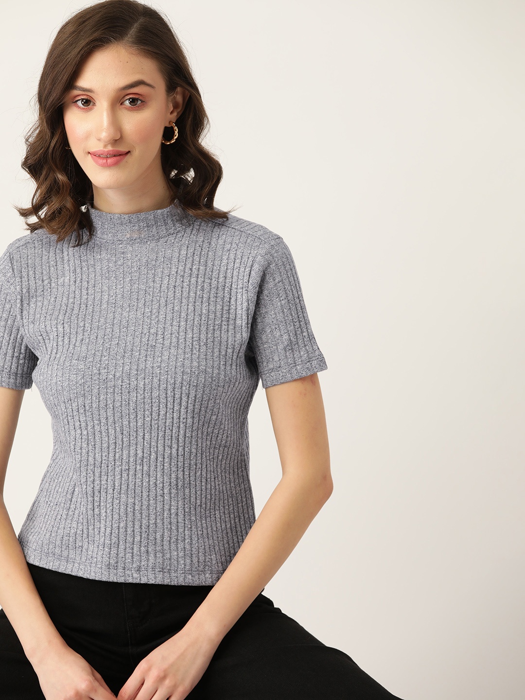 

DressBerry Grey Melange Self Design Top