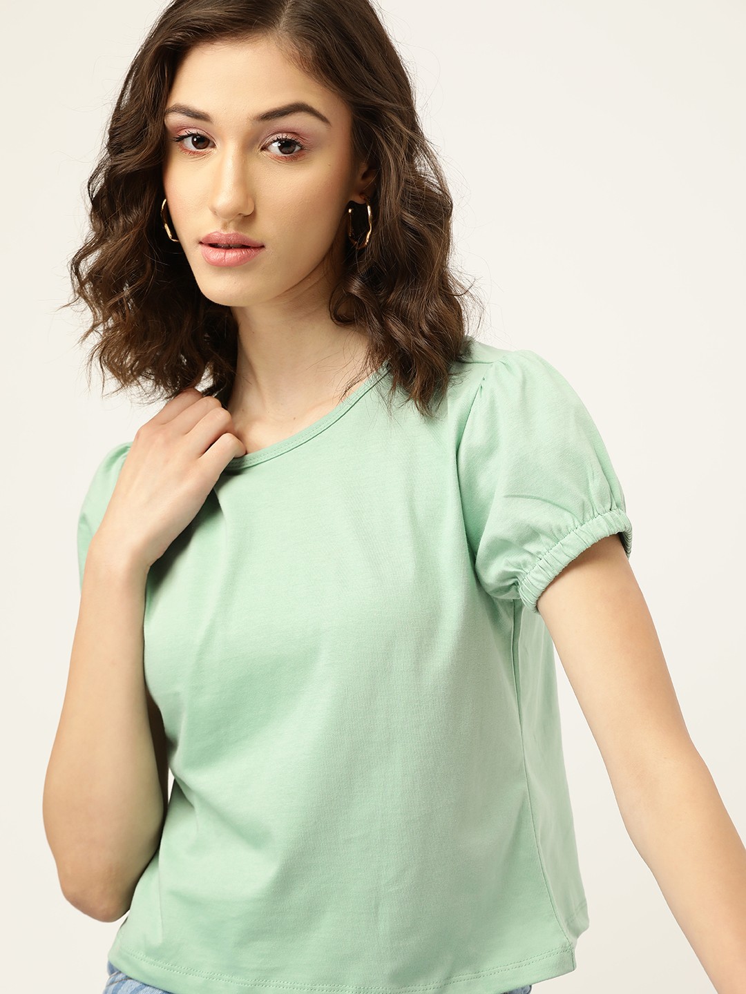 

DressBerry Women Sea Green Puff Sleeves Pure Cotton T-shirt