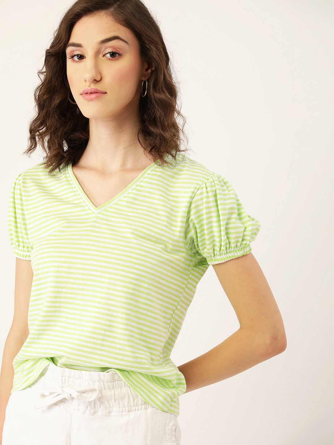 

DressBerry Green & White Striped Puff Sleeves Top