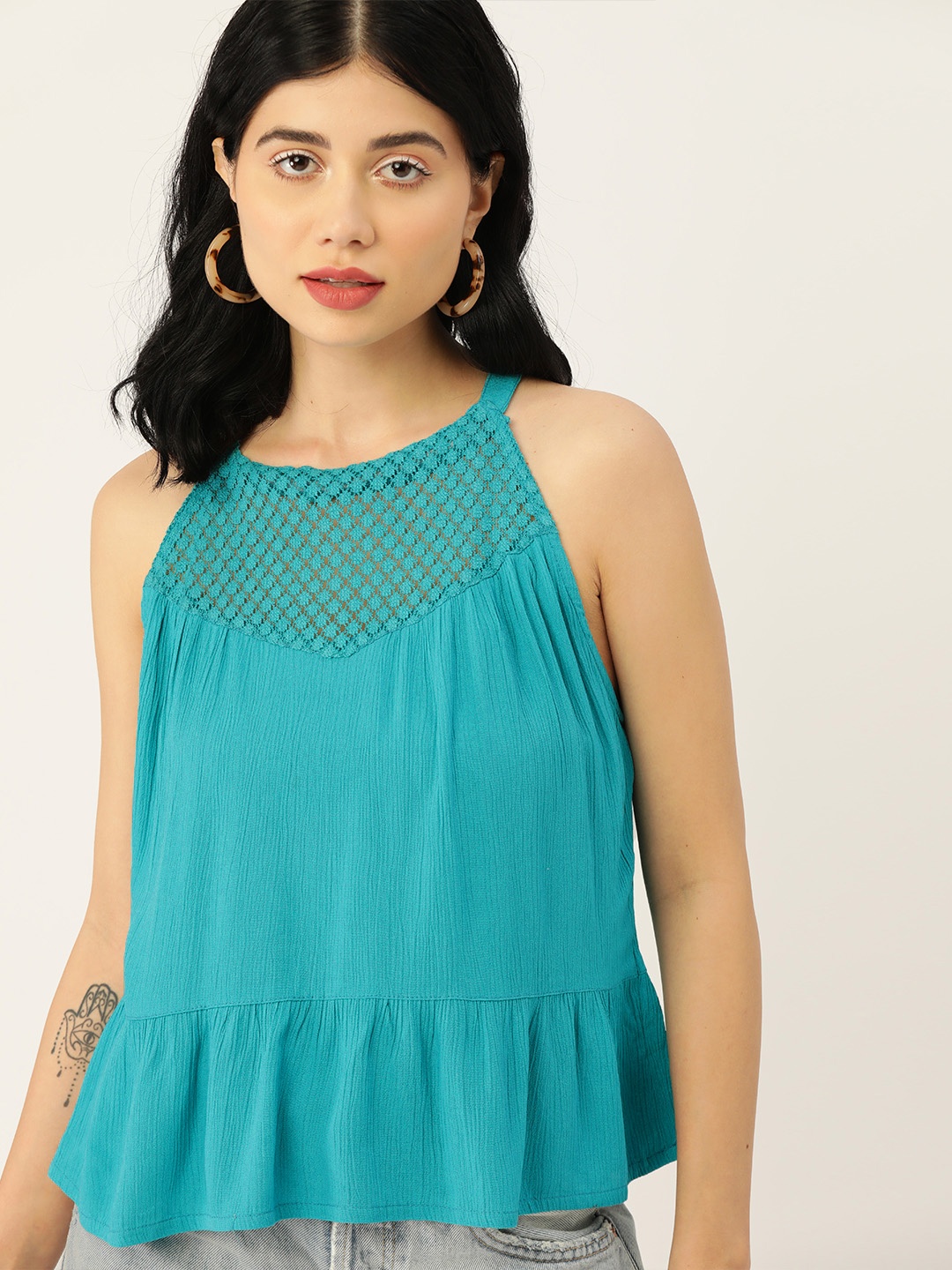 

DressBerry Turquoise Blue Solid Lace Inserts A-Line Top
