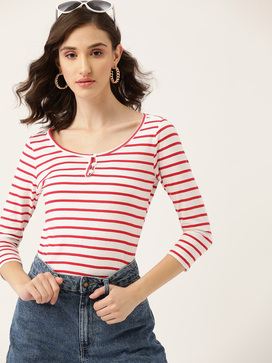 

DressBerry Women Red & White Striped Henley Neck Pure Cotton T-shirt