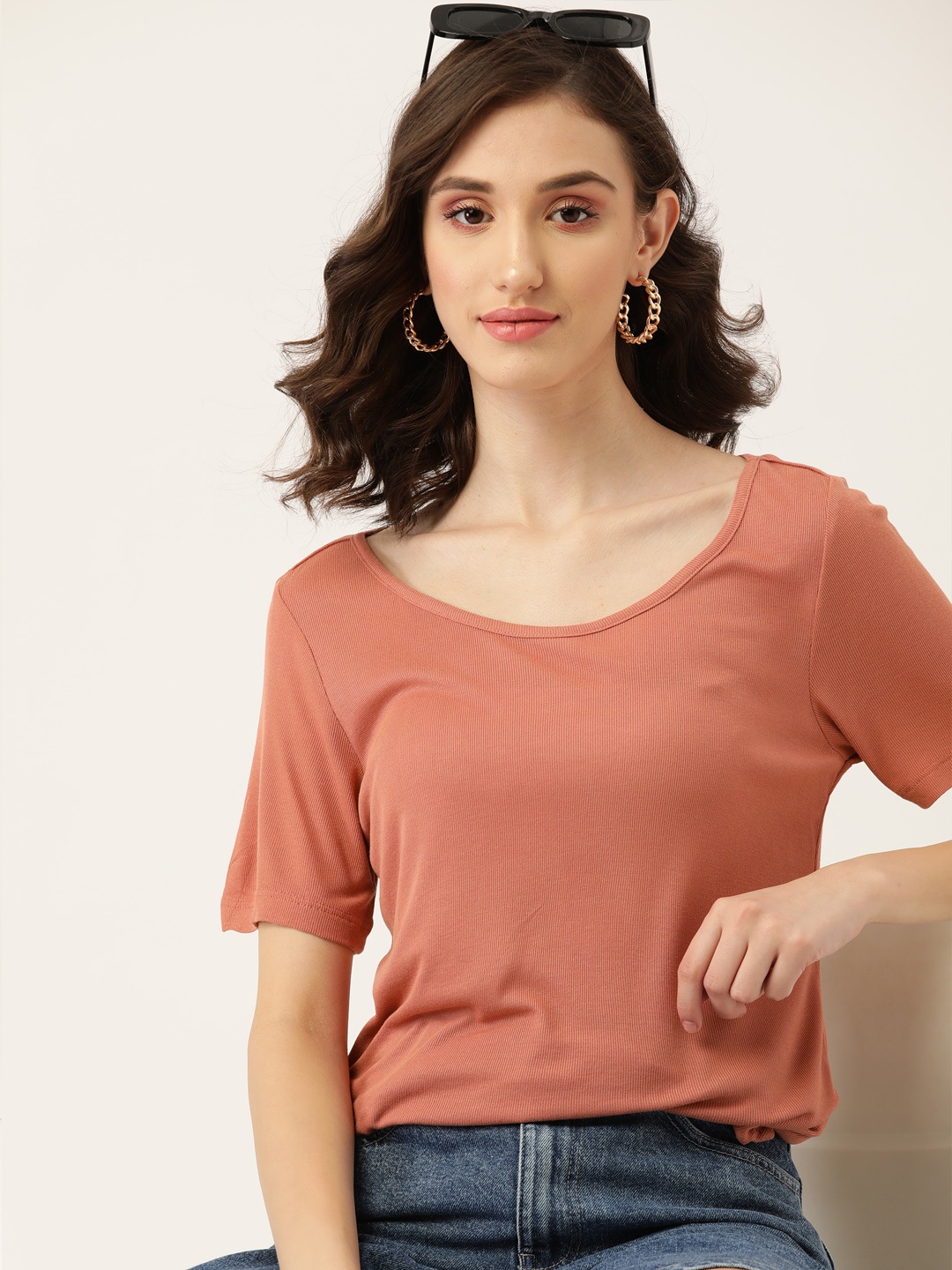 

DressBerry Women Dusty Pink Solid T-shirt, Rust