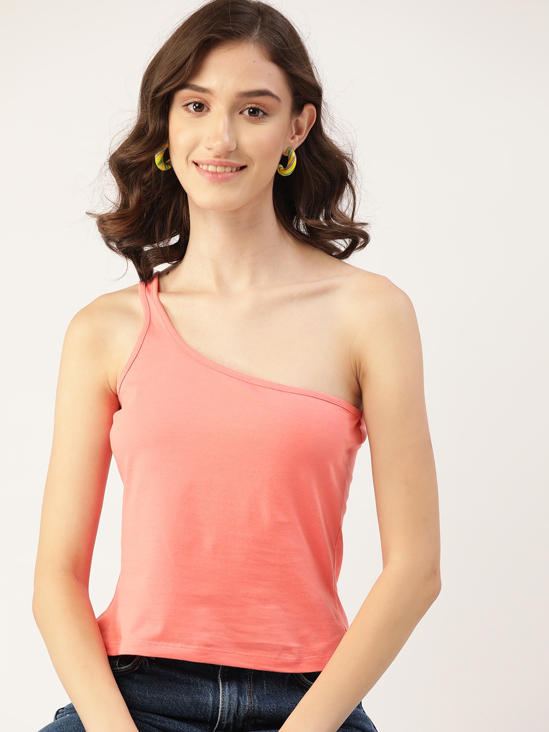 

DressBerry Peach Solid Pure Cotton One Shoulder Top