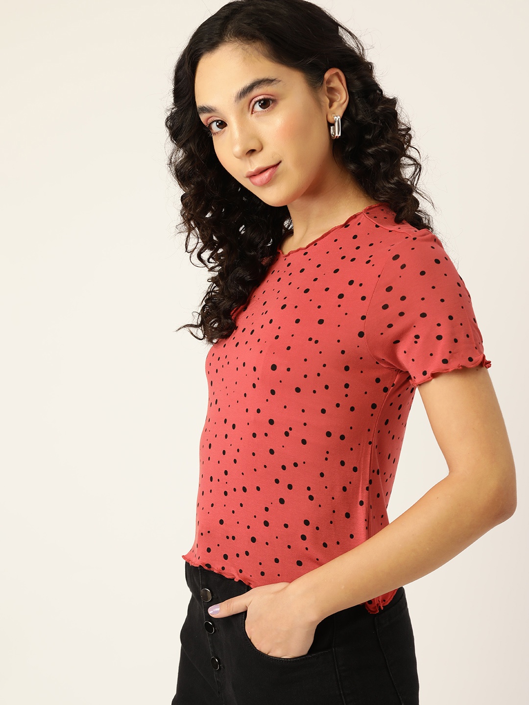 

DressBerry Women Red & Black Polka Dot Printed T-shirt