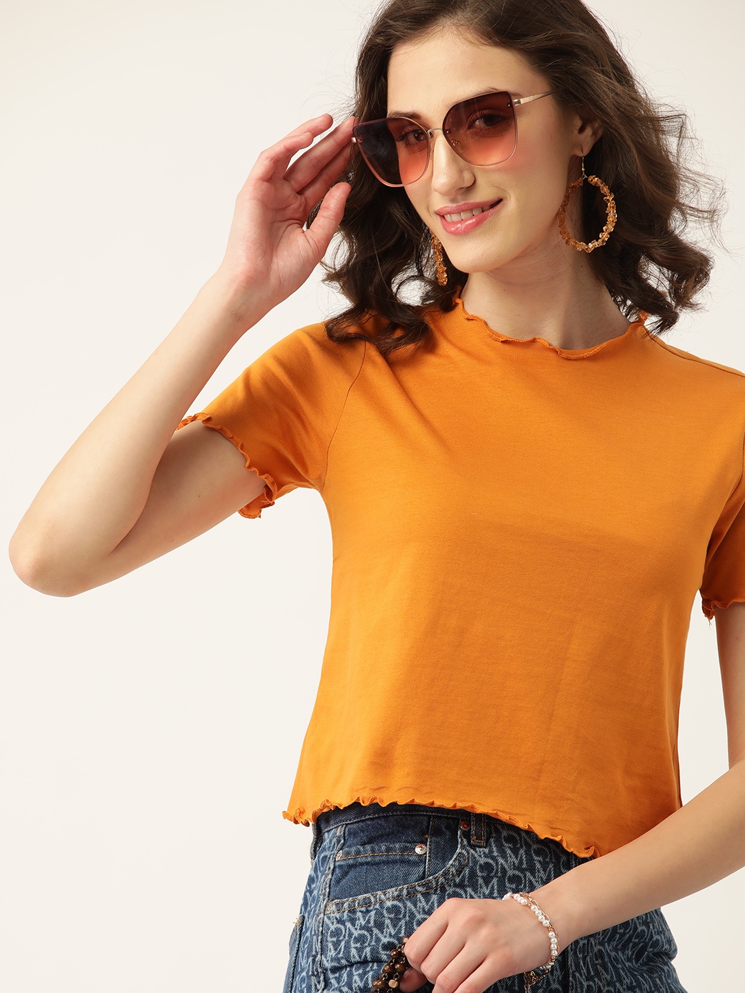

DressBerry Mustard Yellow Solid Cotton Crop Top