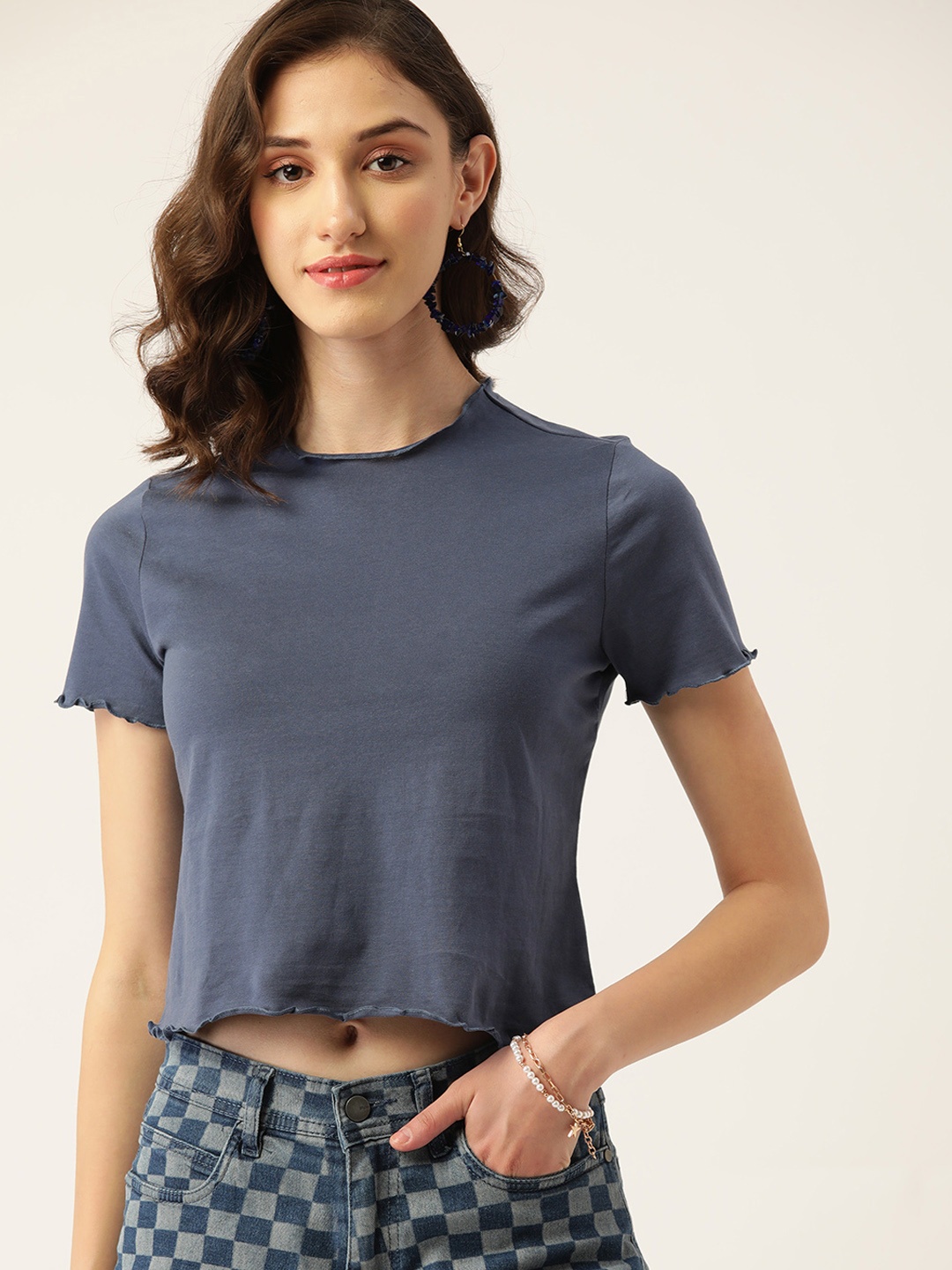 DressBerry Teal Blue Solid Cotton Crop Top