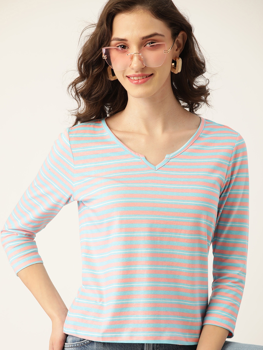 

DressBerry Women Blue & Pink Striped V-Neck Pure Cotton T-shirt