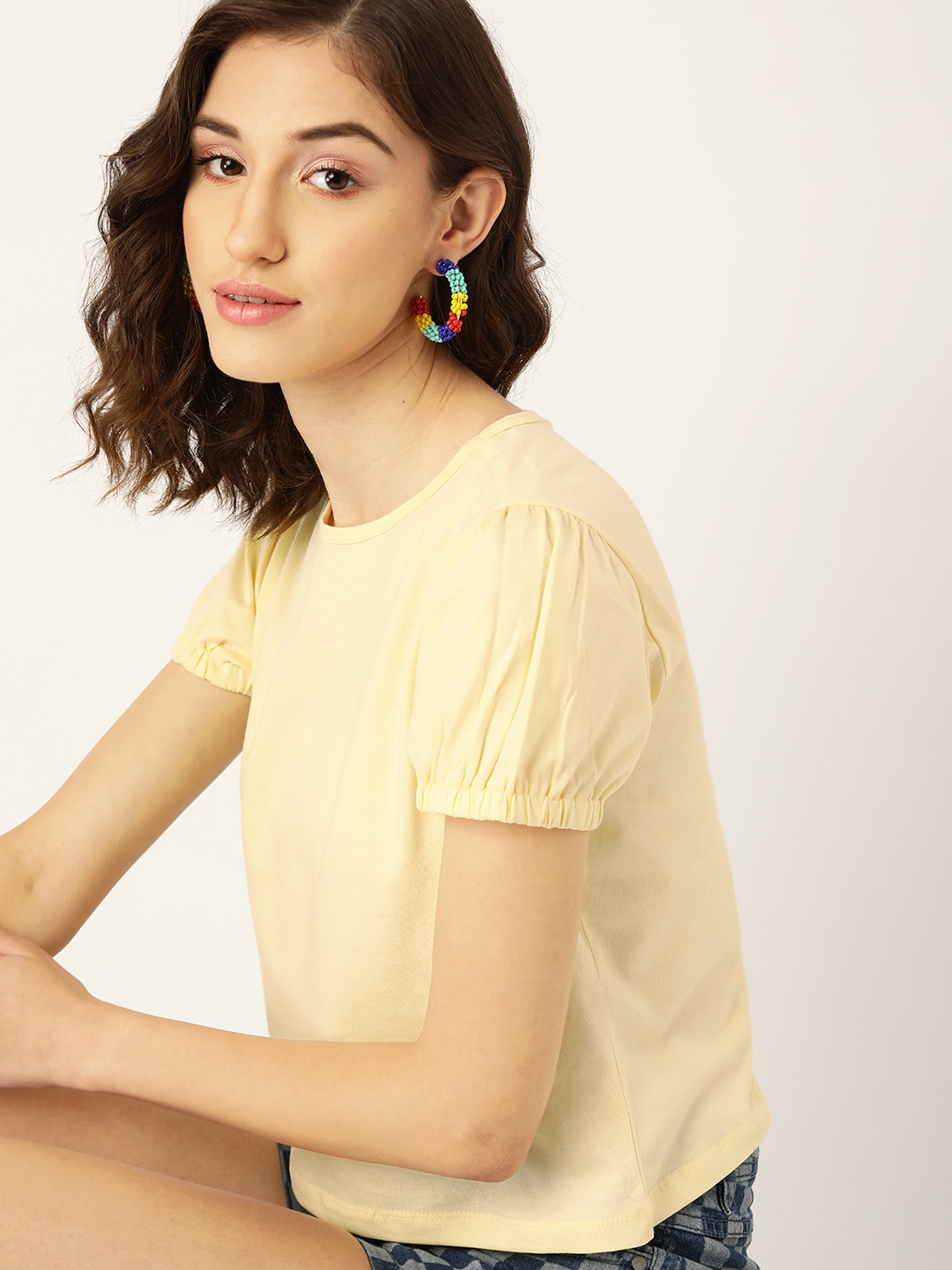 

DressBerry Women Yellow Puff Sleeves Pure Cotton T-shirt