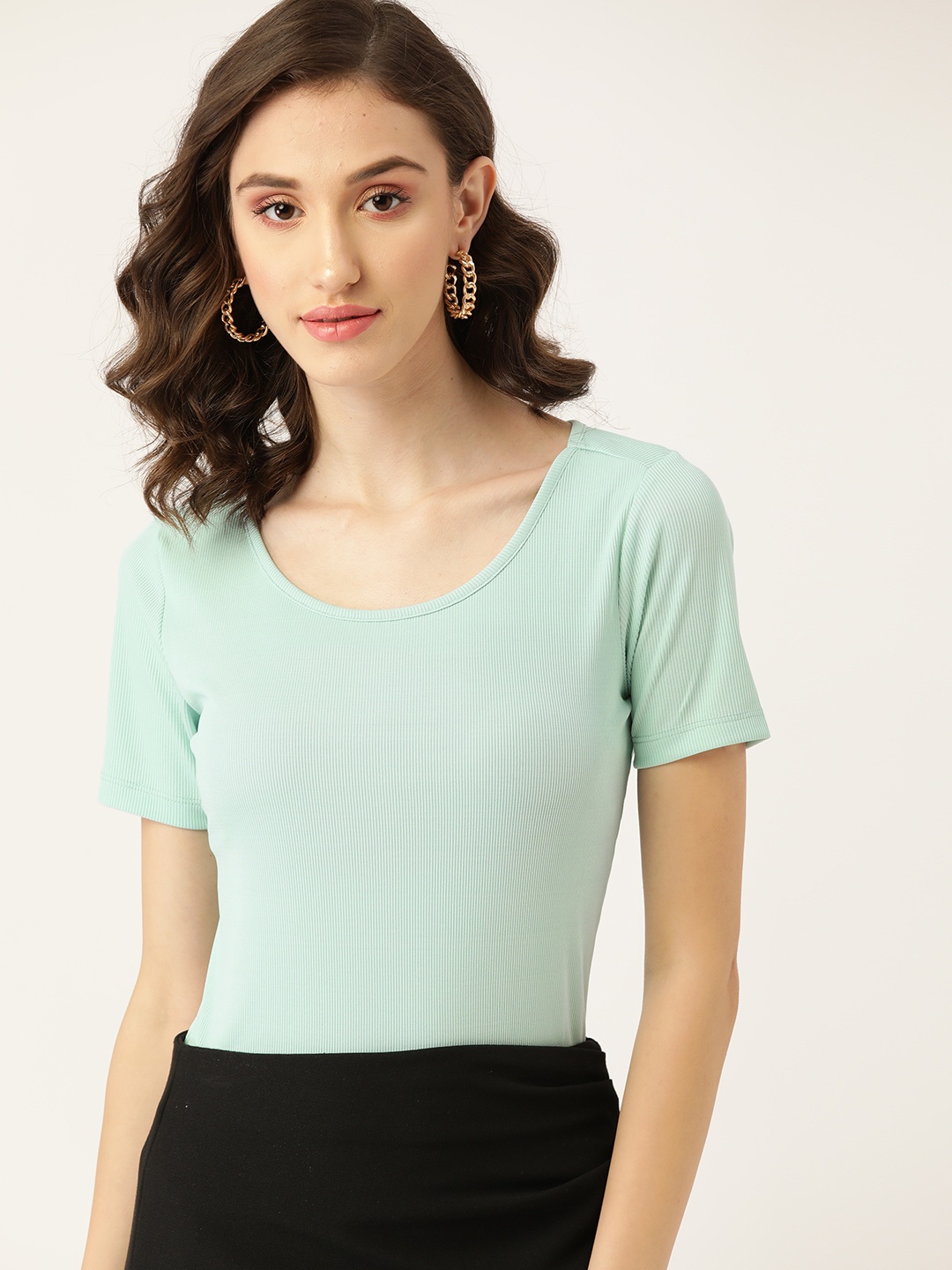 

DressBerry Women Sea Green Solid Round Neck T-shirt