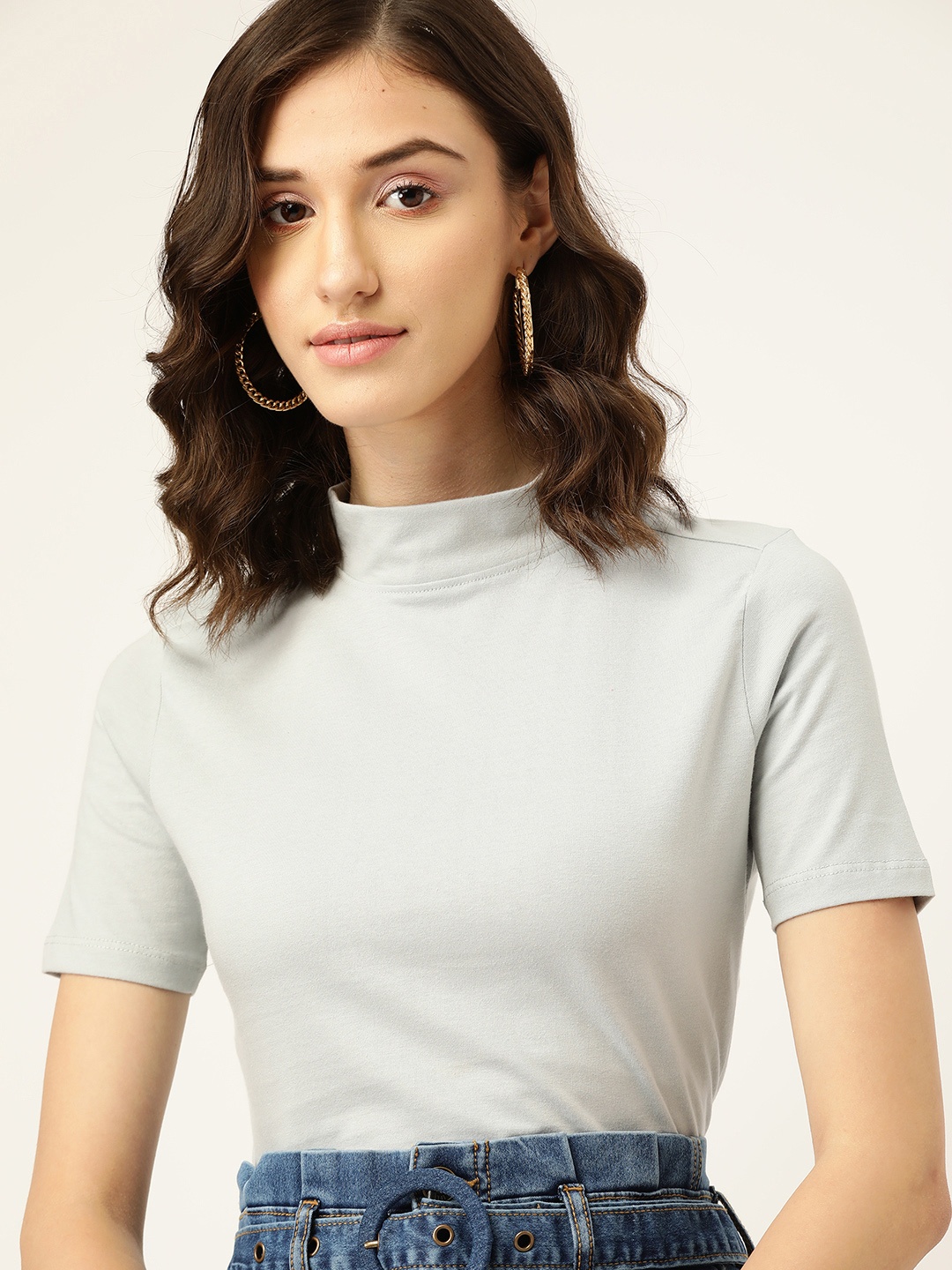 

DressBerry Grey Solid High Neck Crop Top