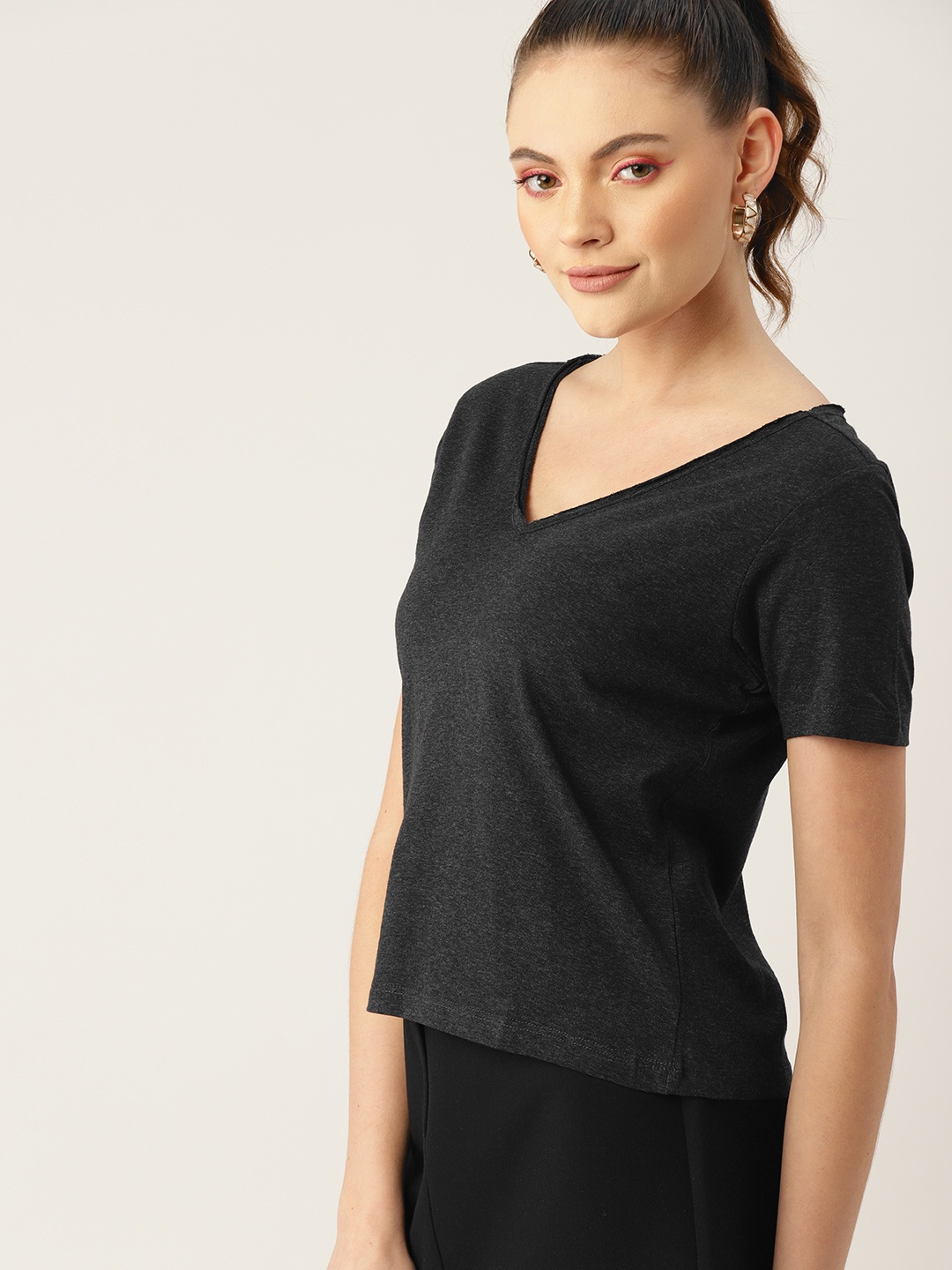 

DressBerry Women Charcoal V-Neck T-shirt
