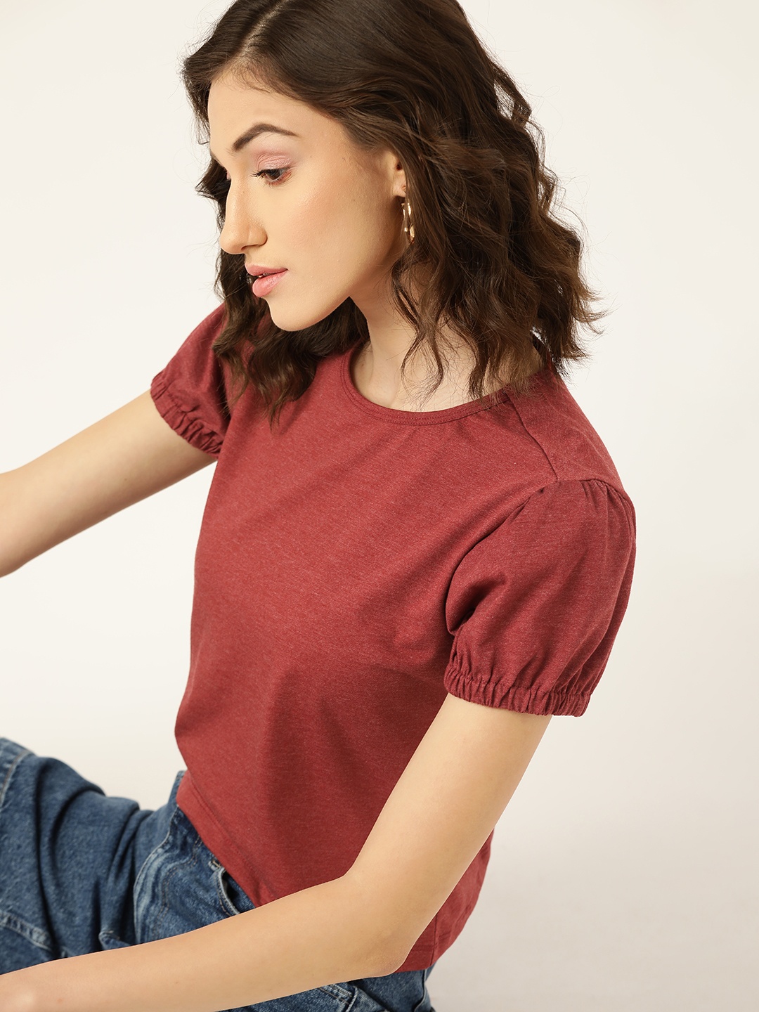 

DressBerry Women Maroon Solid Puff Sleeves T-shirt