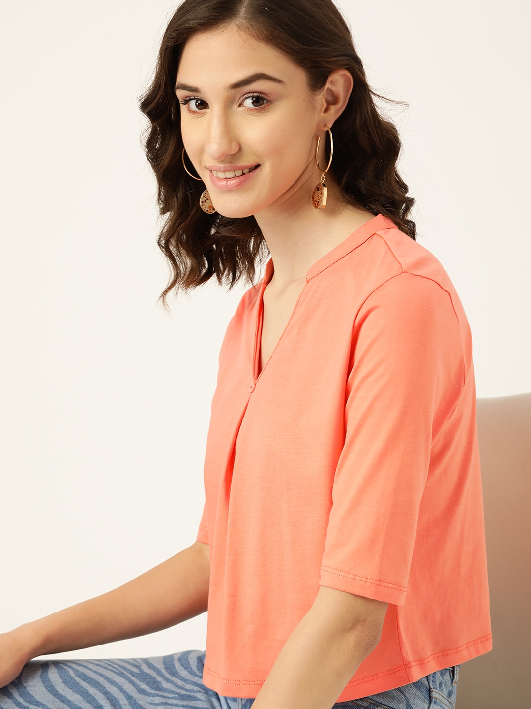 

DressBerry Women Peach-Coloured Solid Pure Cotton Top