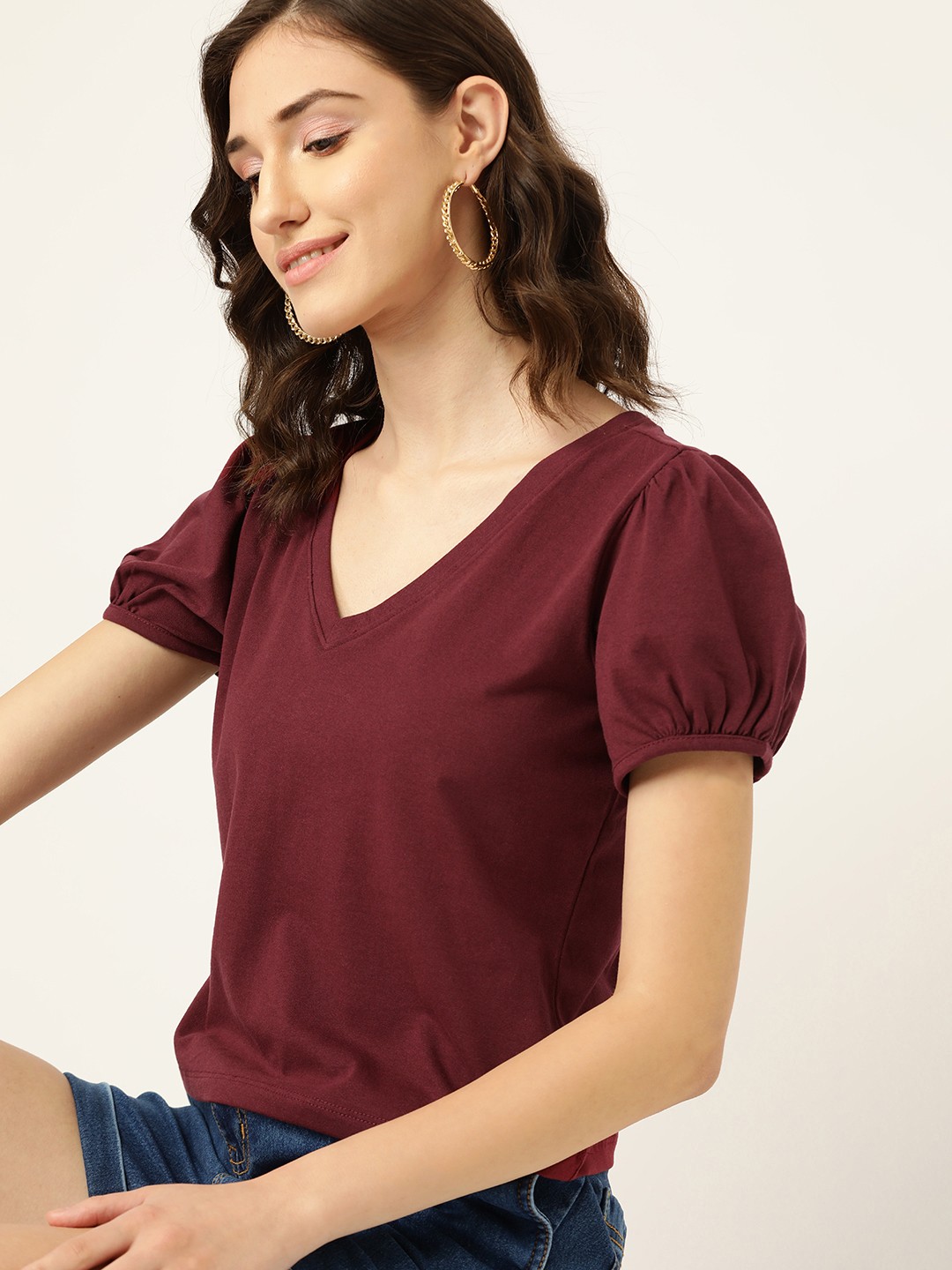

DressBerry Maroon Solid Puff Sleeves Sustainable Top