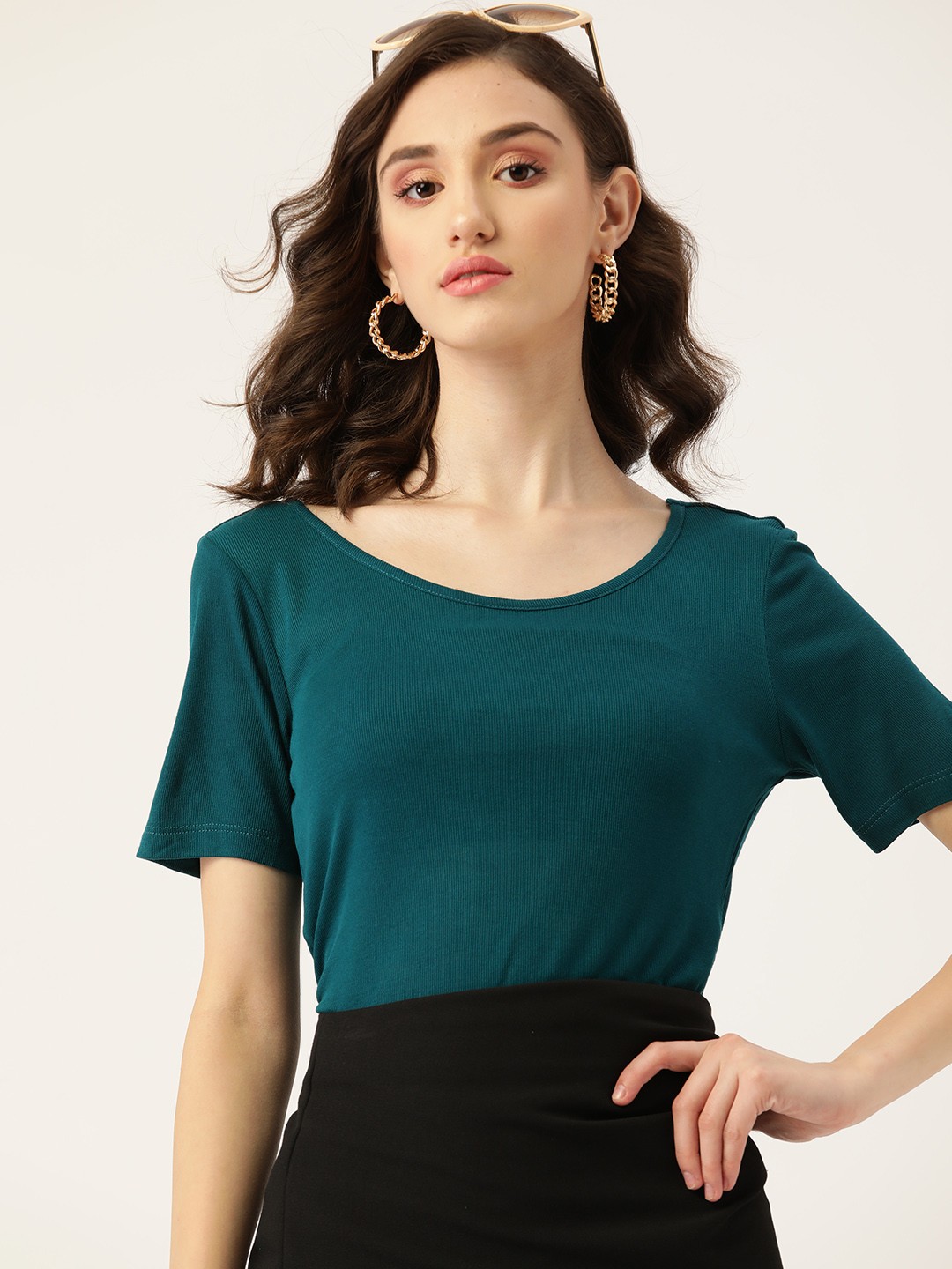 

DressBerry Women Teal Green Solid Round Neck T-shirt
