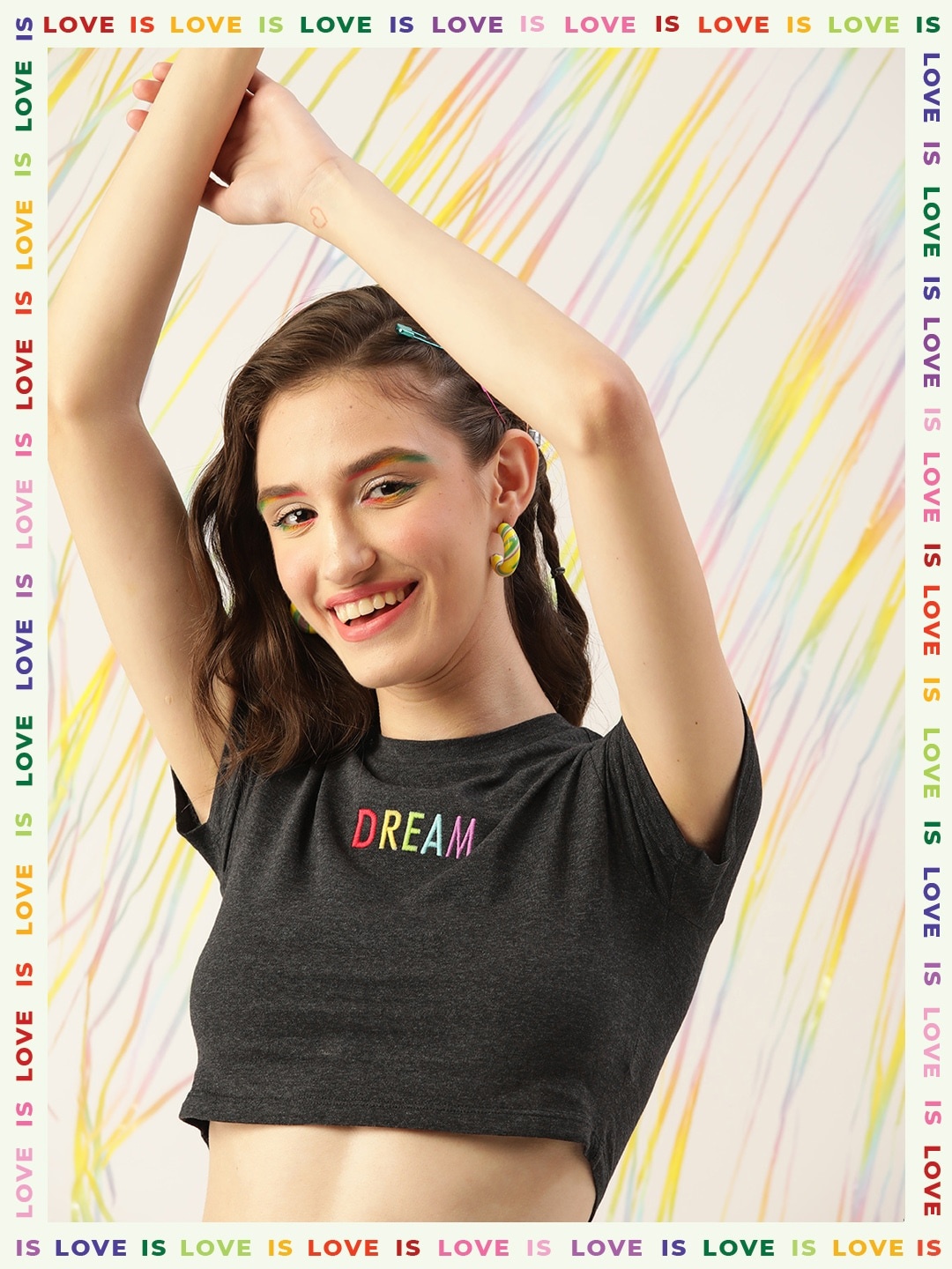 DressBerry Women Charcoal Grey Typography Printed Crop T-shirt