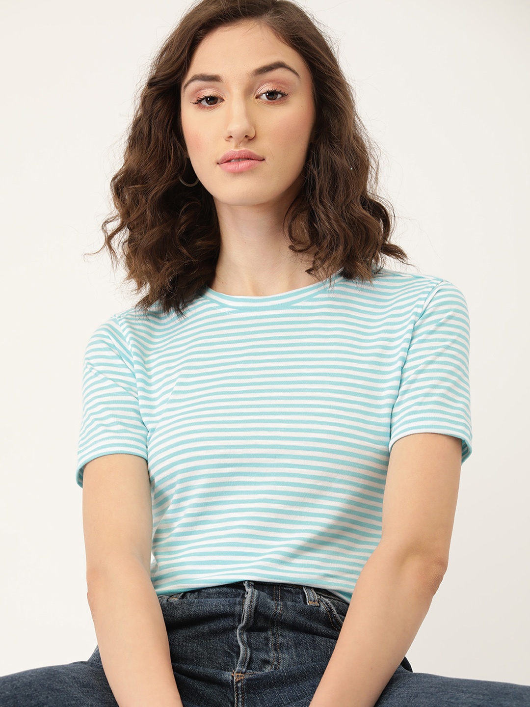 

DressBerry Women Blue & White Striped Knitted T-shirt