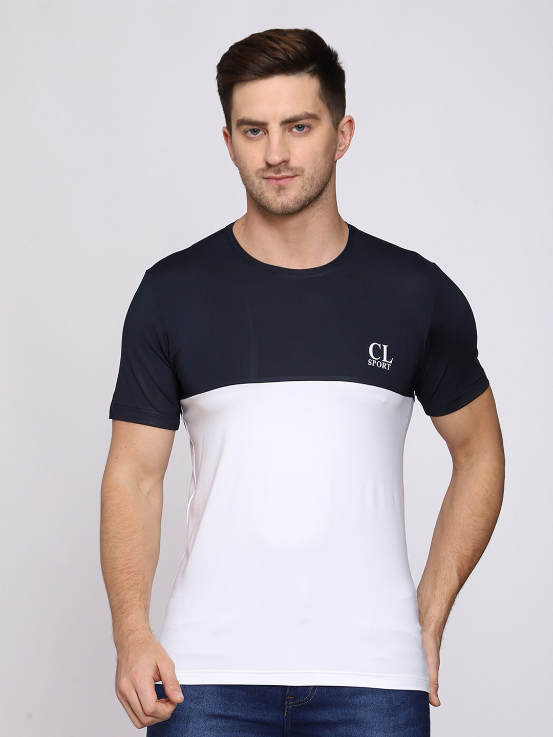 

CL SPORT Men Navy Blue & White Colorblocked T-shirt