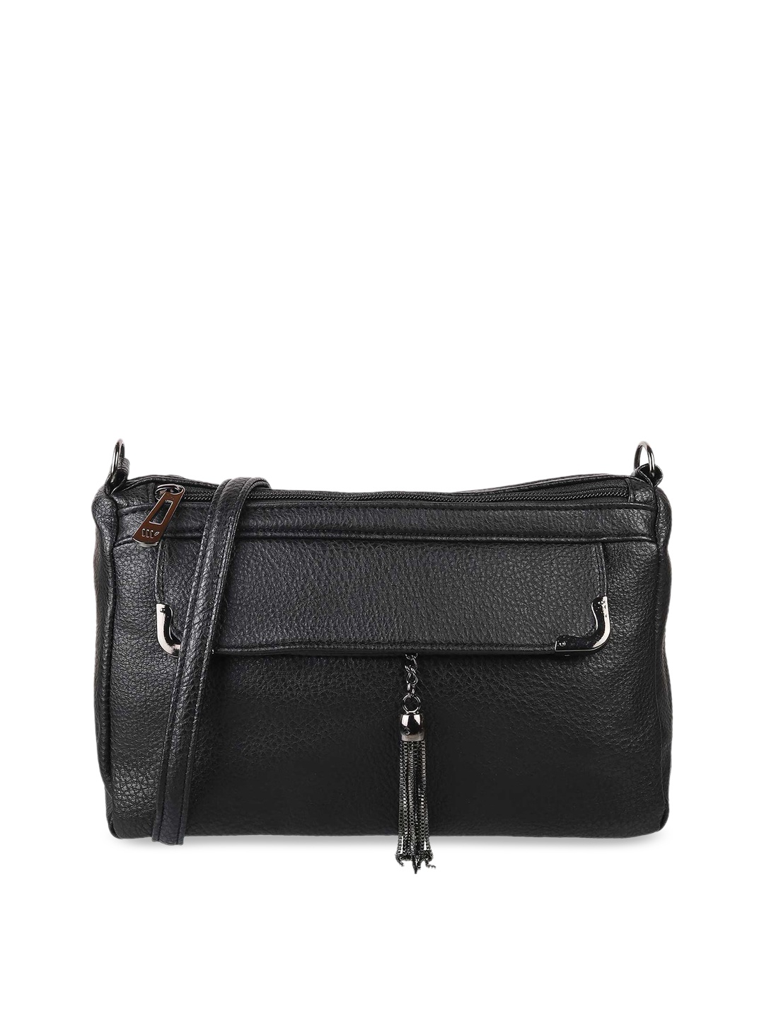 

WALKWAY by Metro Black Textured Structured Sling Bag with Tasselled