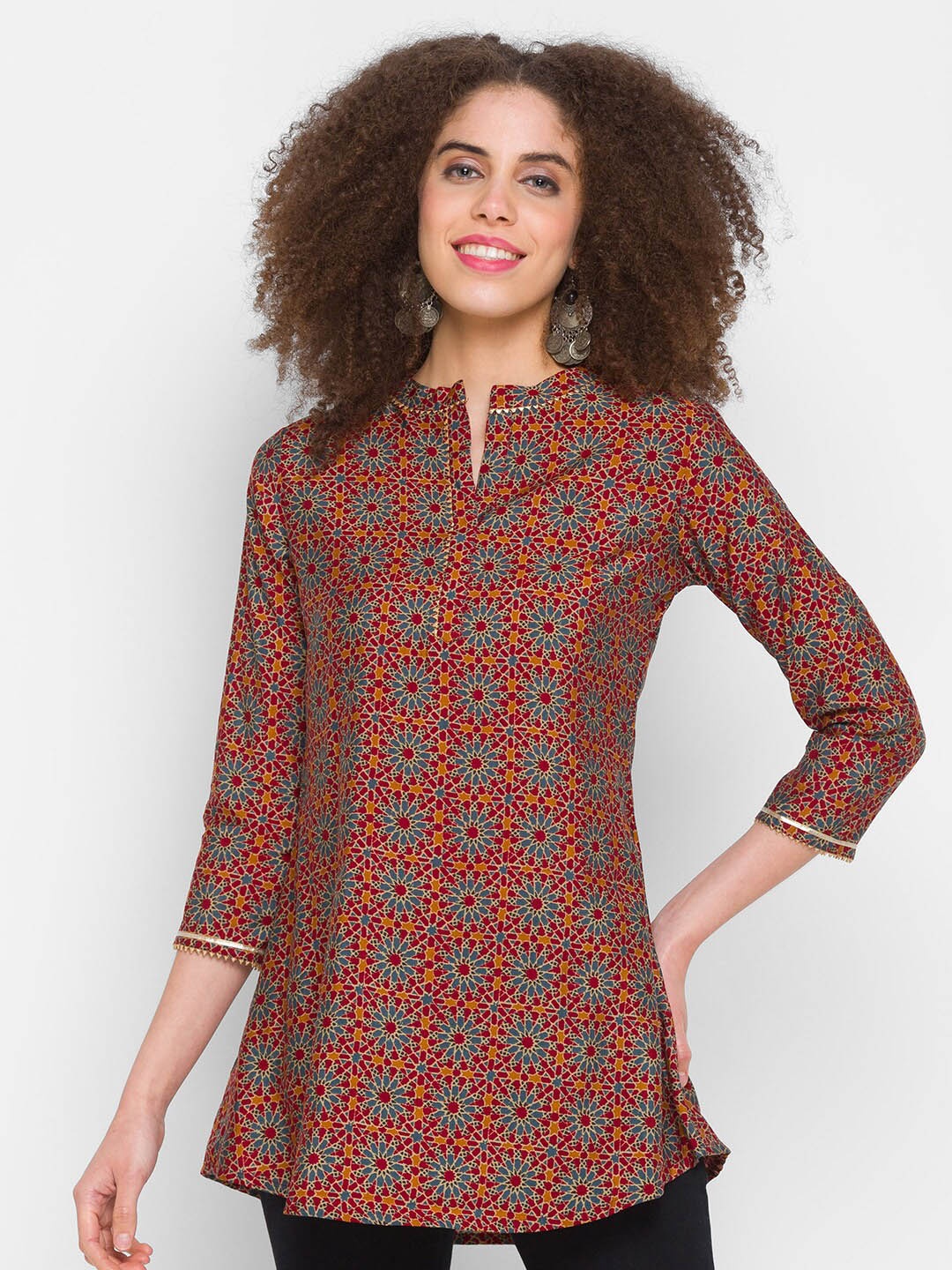 

TANKHI Maroon & Blue Modal Mandarin Collar Printed Tunic