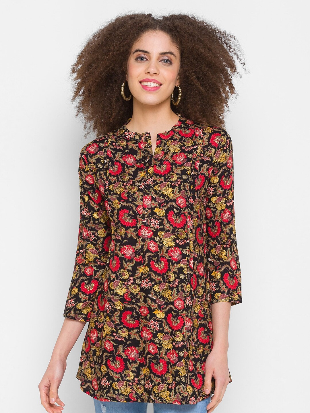 

TANKHI Black & Red Viscose Rayon Printed Tunic