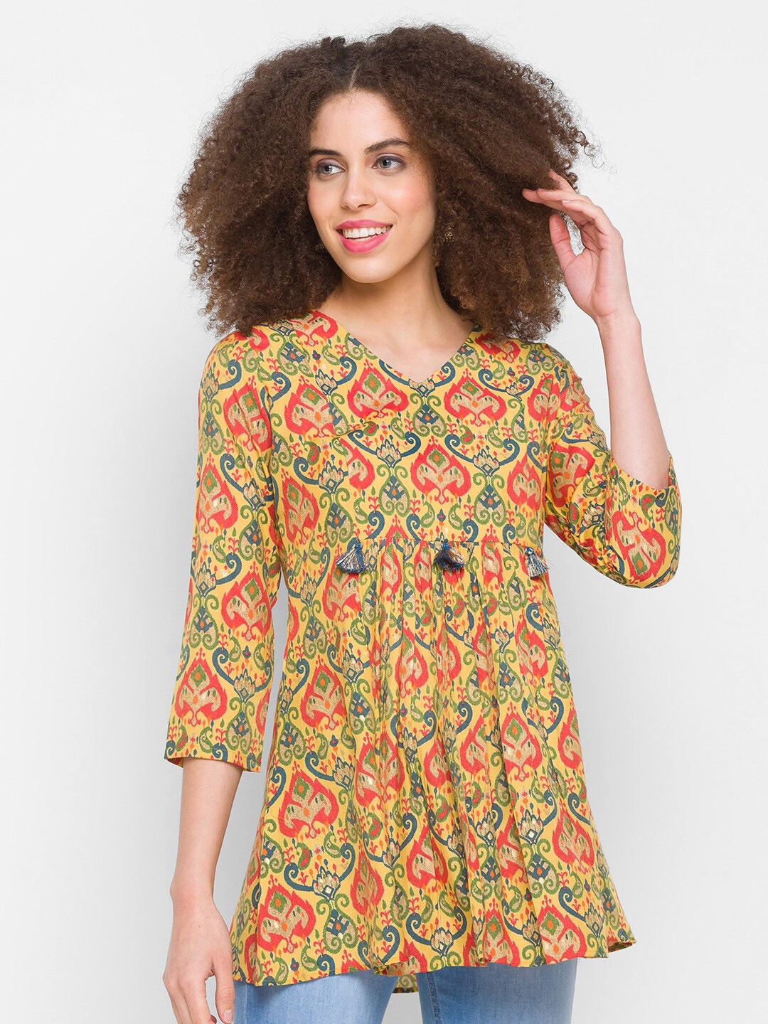 

TANKHI Yellow & Blue Modal Printed Tunic
