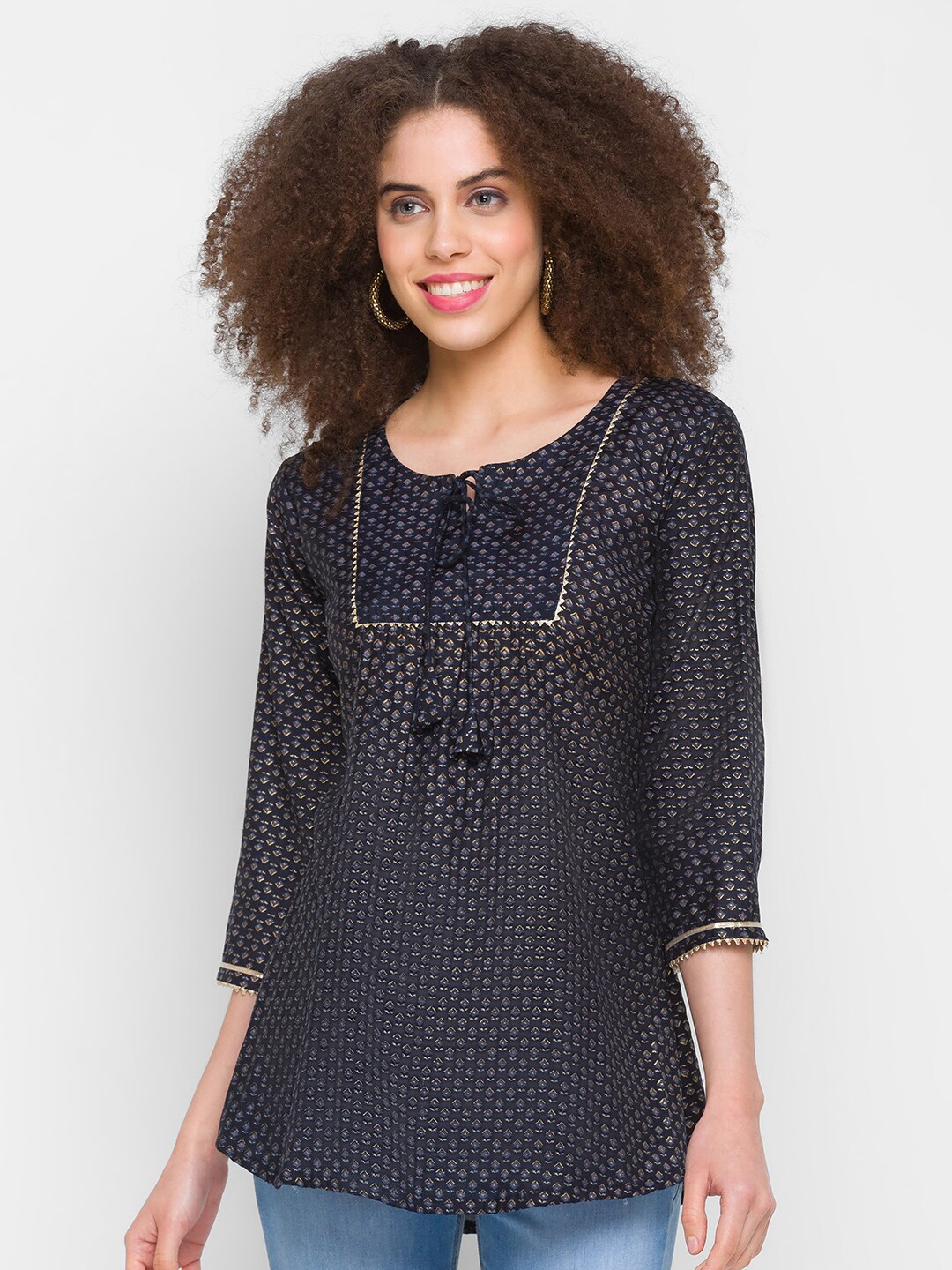

TANKHI Women Blue & Gold-Toned Modal Printed Tunic