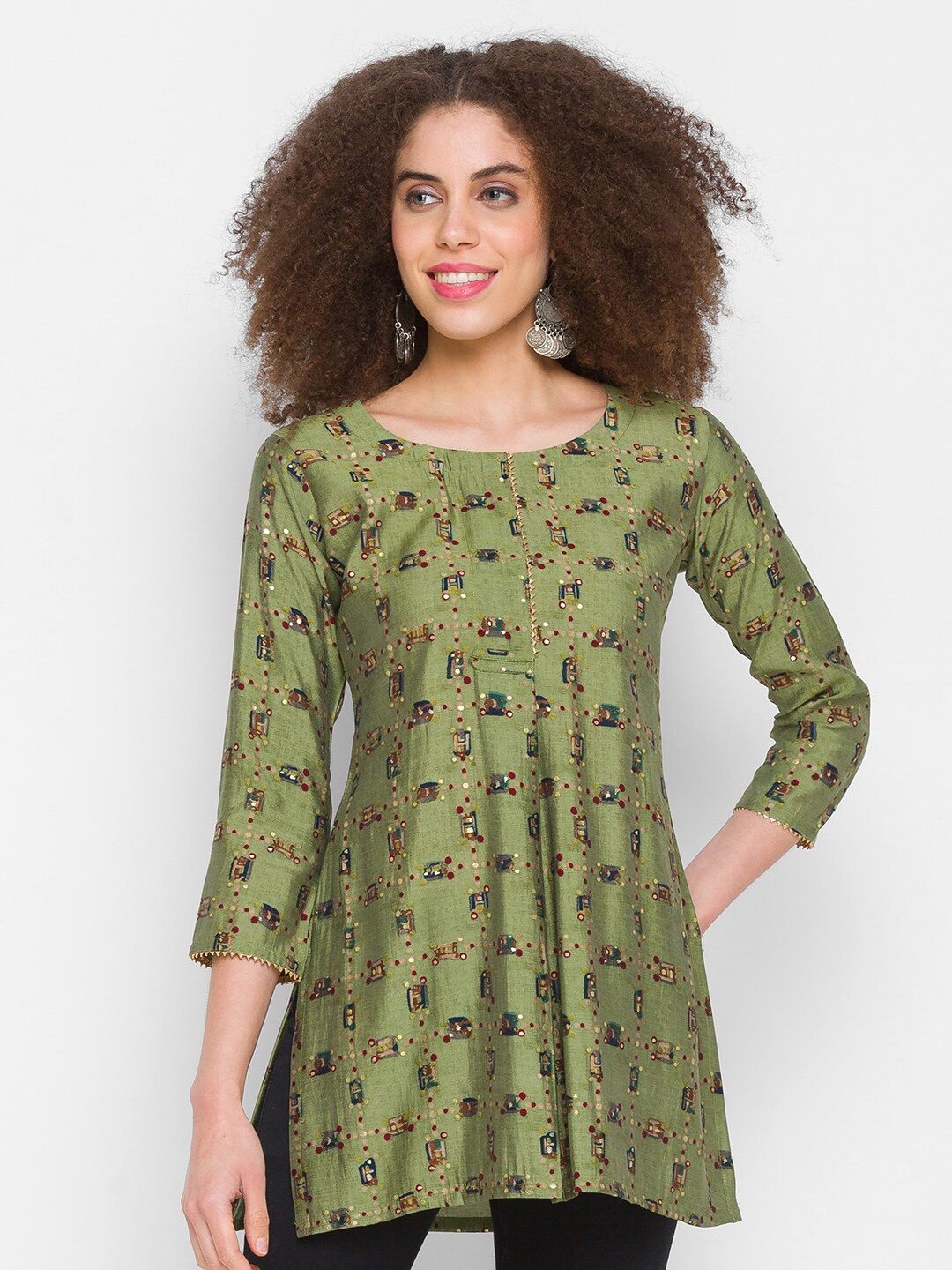 

TANKHI Green & Maroon Modal Printed Tunic