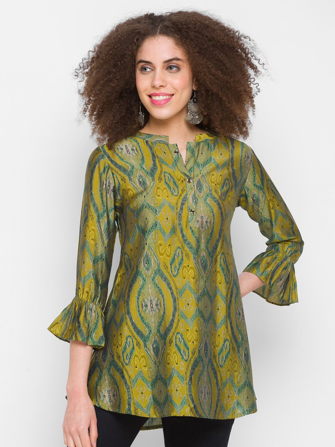 

TANKHI Green & Grey Modal Mandarin Collar Printed Tunic