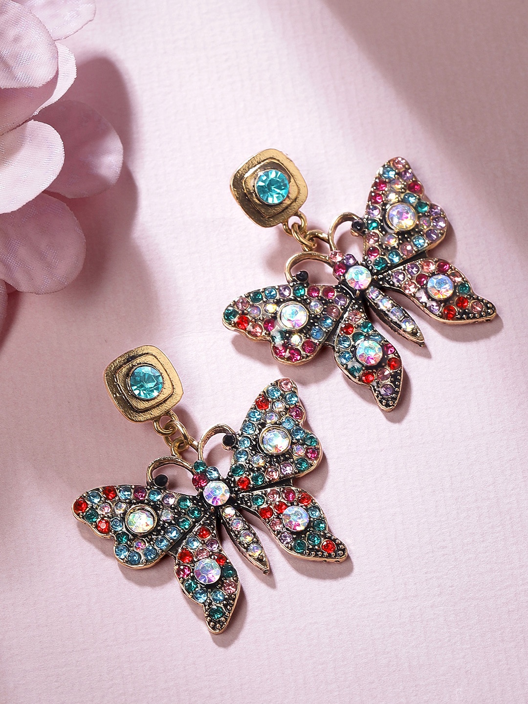 

Rubans Voguish 18K Gold Plated Butterfly Design Multicolor Crystal Zicronia Studded Drop Earrings