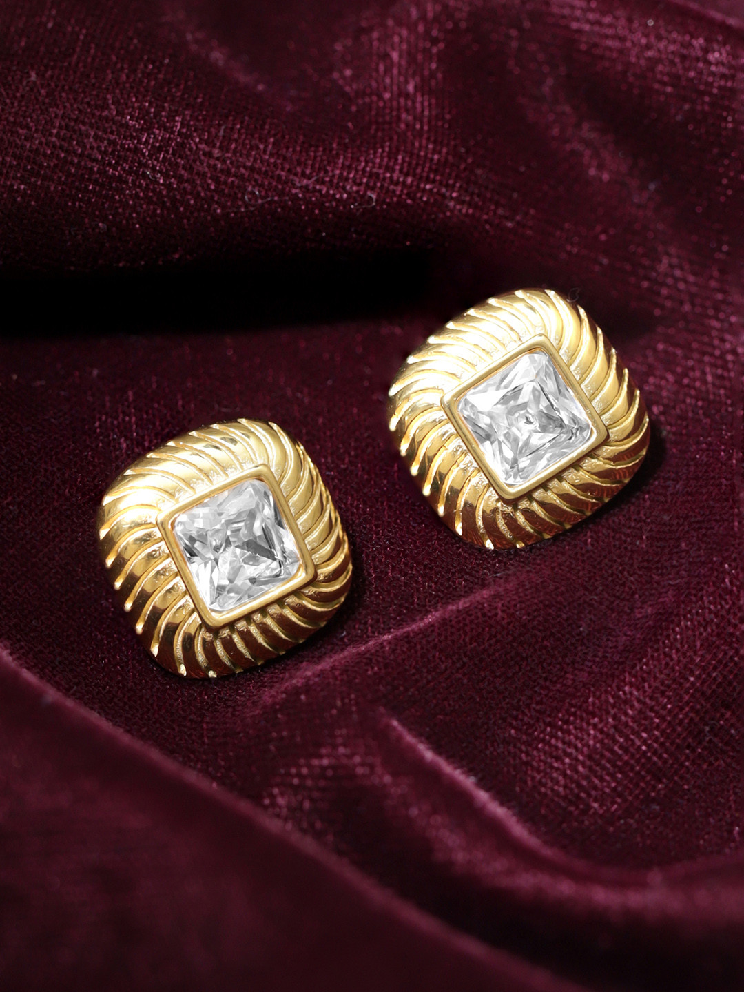 

Rubans Voguish 24k Gold-Plated Stainless Steel Tarnish-Free Zicronia Square Stud Earrings