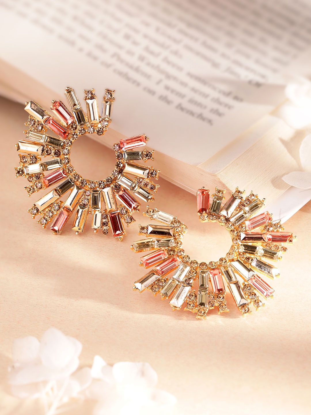 

Rubans Voguish Gold-Toned & Pink Contemporary CZ Studded Drop Earrings